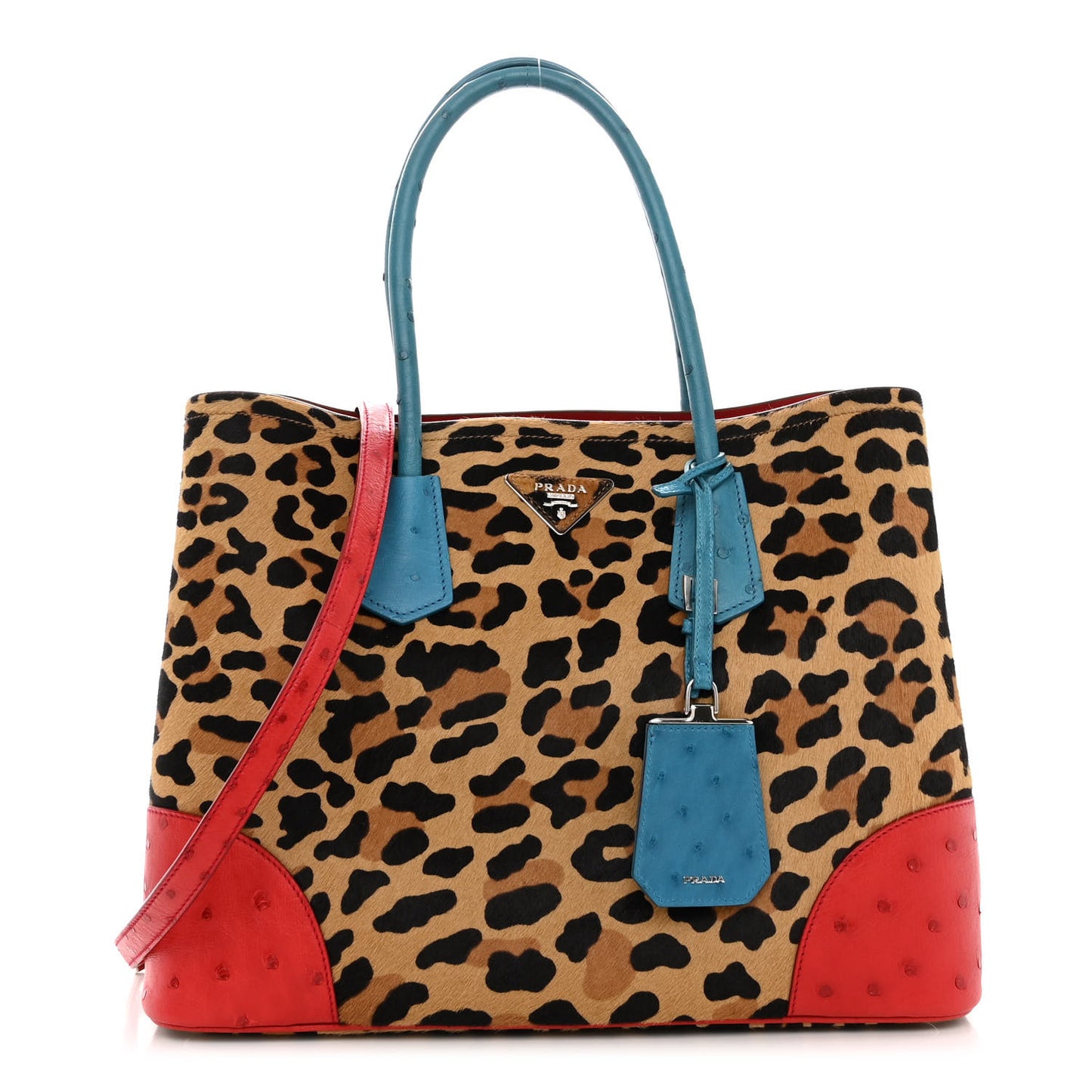 Calf Hair Ostrich Leopard Print Medium Double Bag Miele Voyage