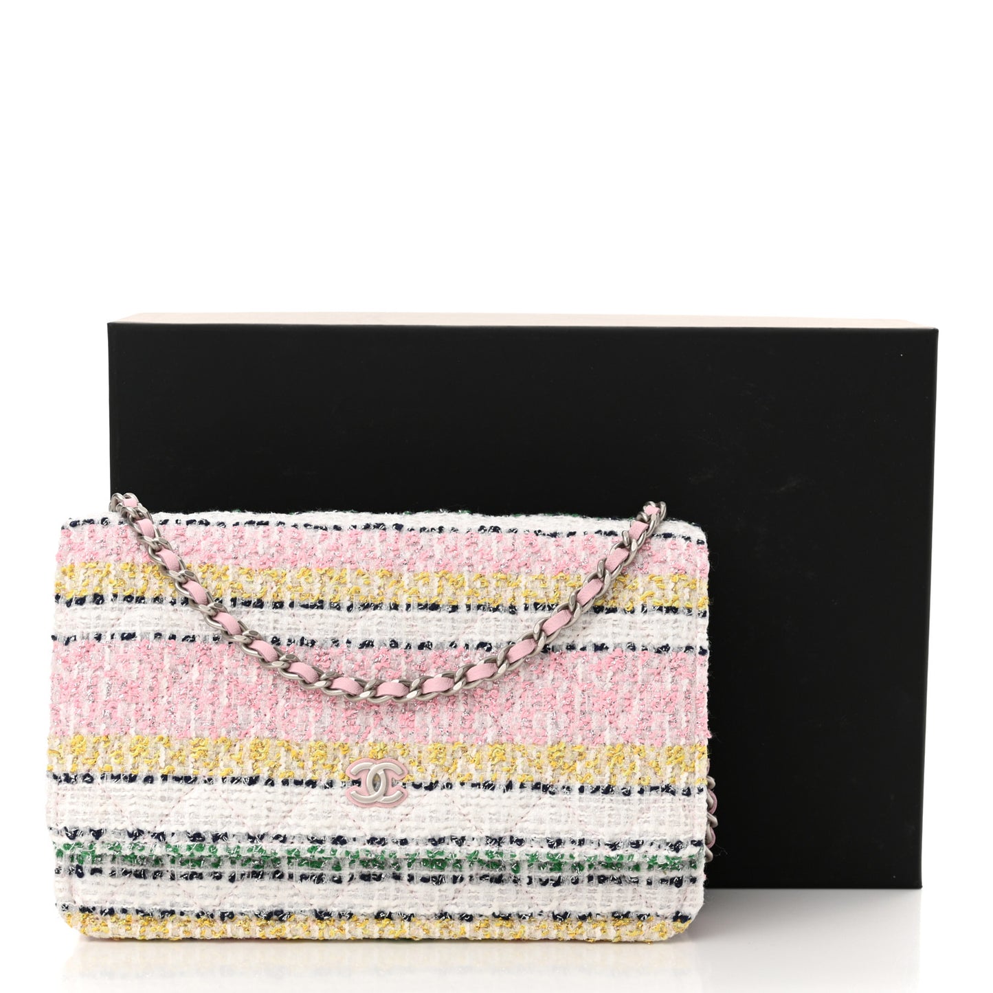 Metallic Tweed Quilted Wallet On Chain WOC White Multicolor
