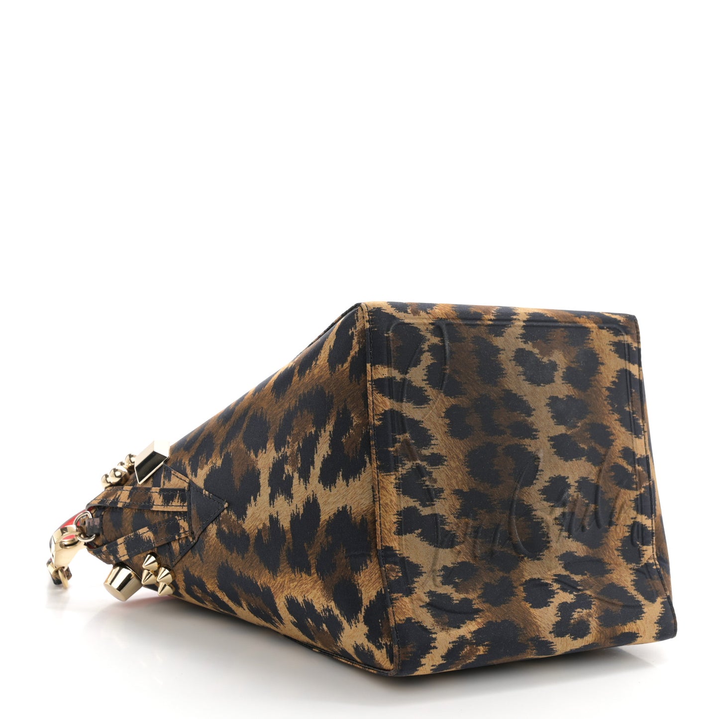 Crepe Satin Leopard Print Empire Spike Studded Mini Cabachic Bucket Bag Brown