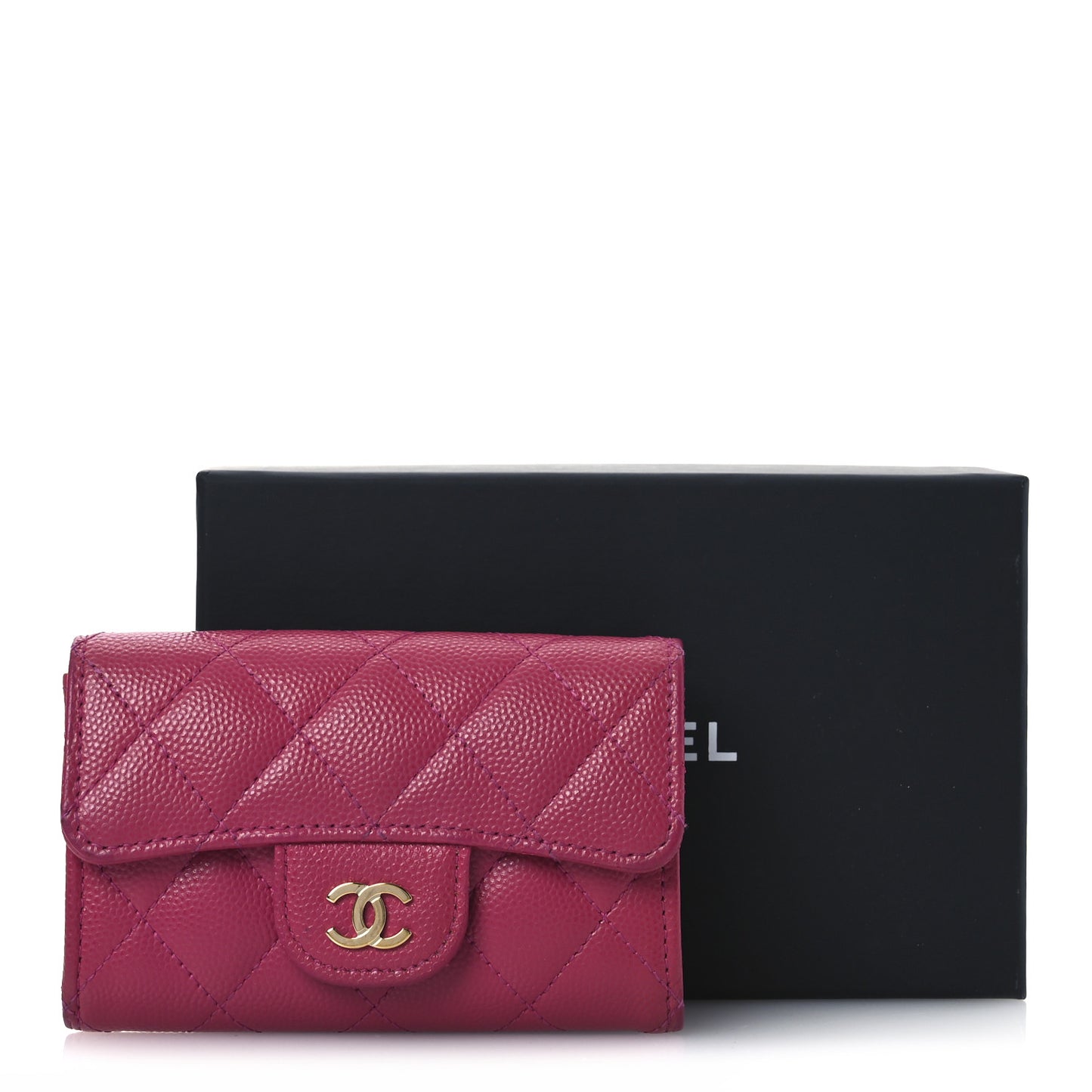 Caviar Quilted Flap Card Holder Wallet Dark Pink