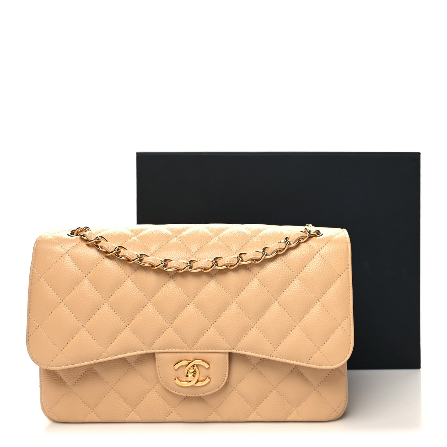 Caviar Quilted Jumbo Double Flap Beige Clair