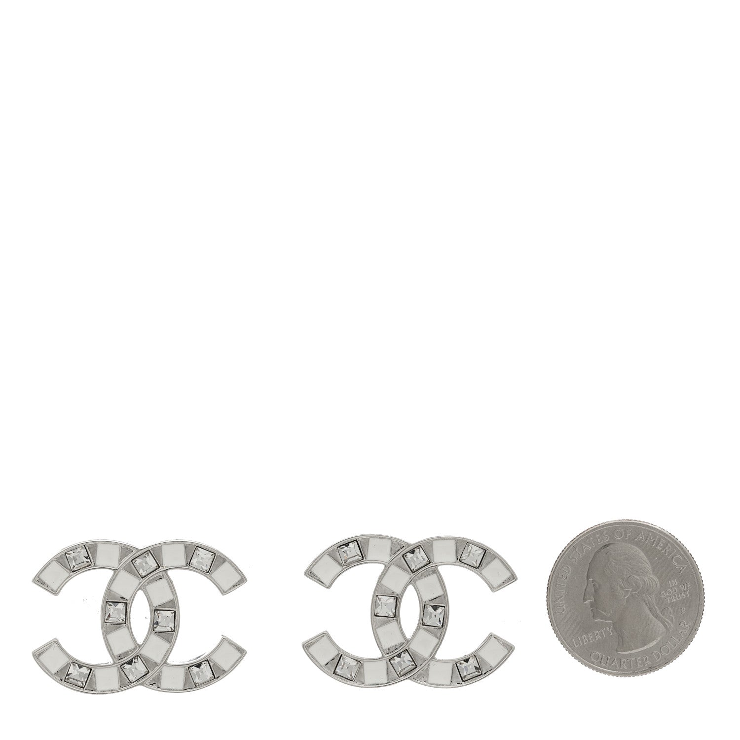 Chanel Crystal Enamel CC Earrings Silver White 2 of 5