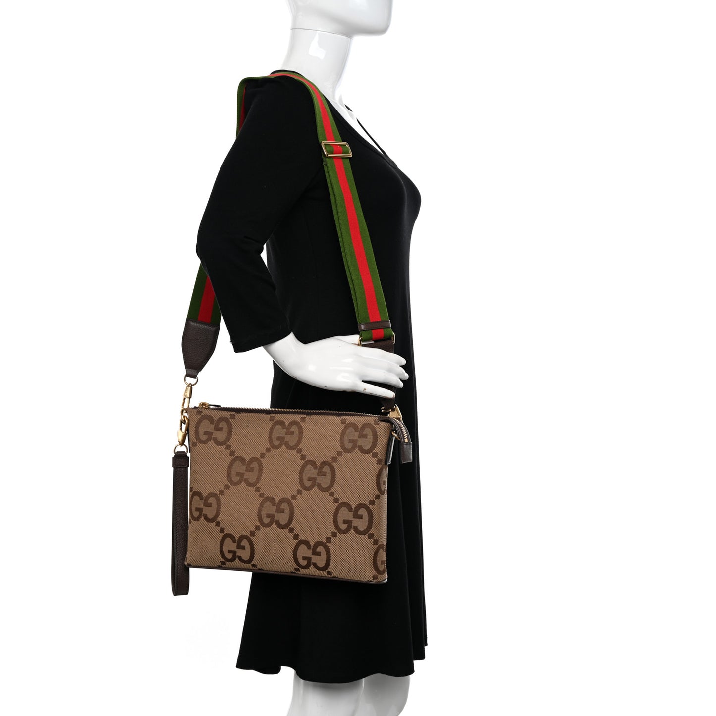 Monogram Jumbo GG Textured Dollar Calfskin Web Wristlet Messenger Bag Camel Ebony New Acero