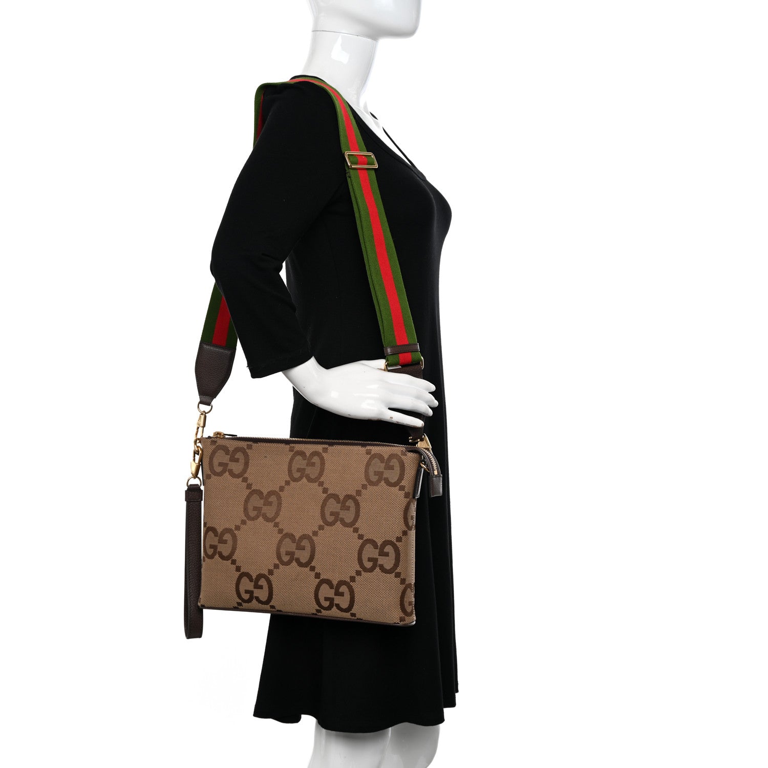 Gucci Monogram Jumbo GG Textured Dollar Calfskin Web Wristlet Messenger Bag Camel Ebony New Acero 2 of 9