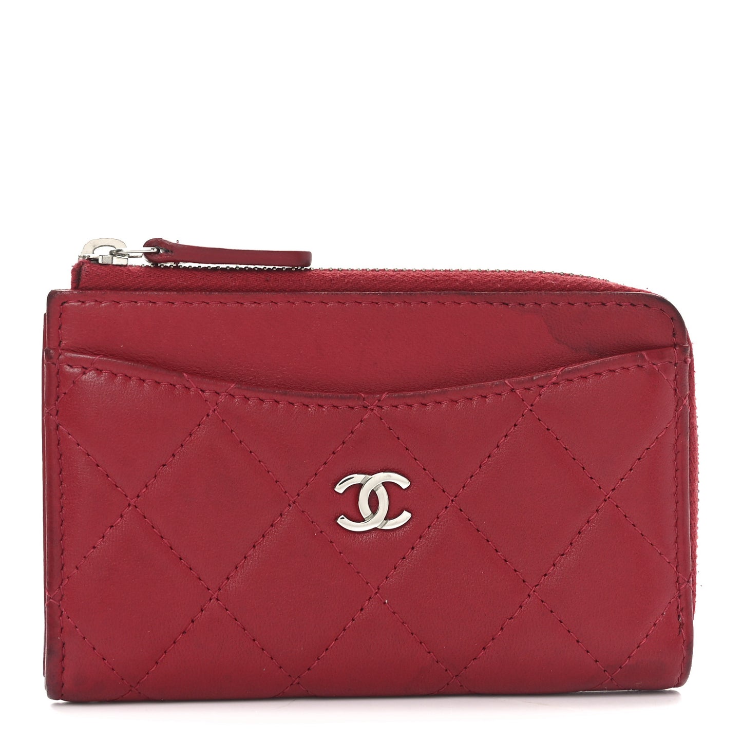 Lambskin Quilted CC Zip Around Card Holder Red