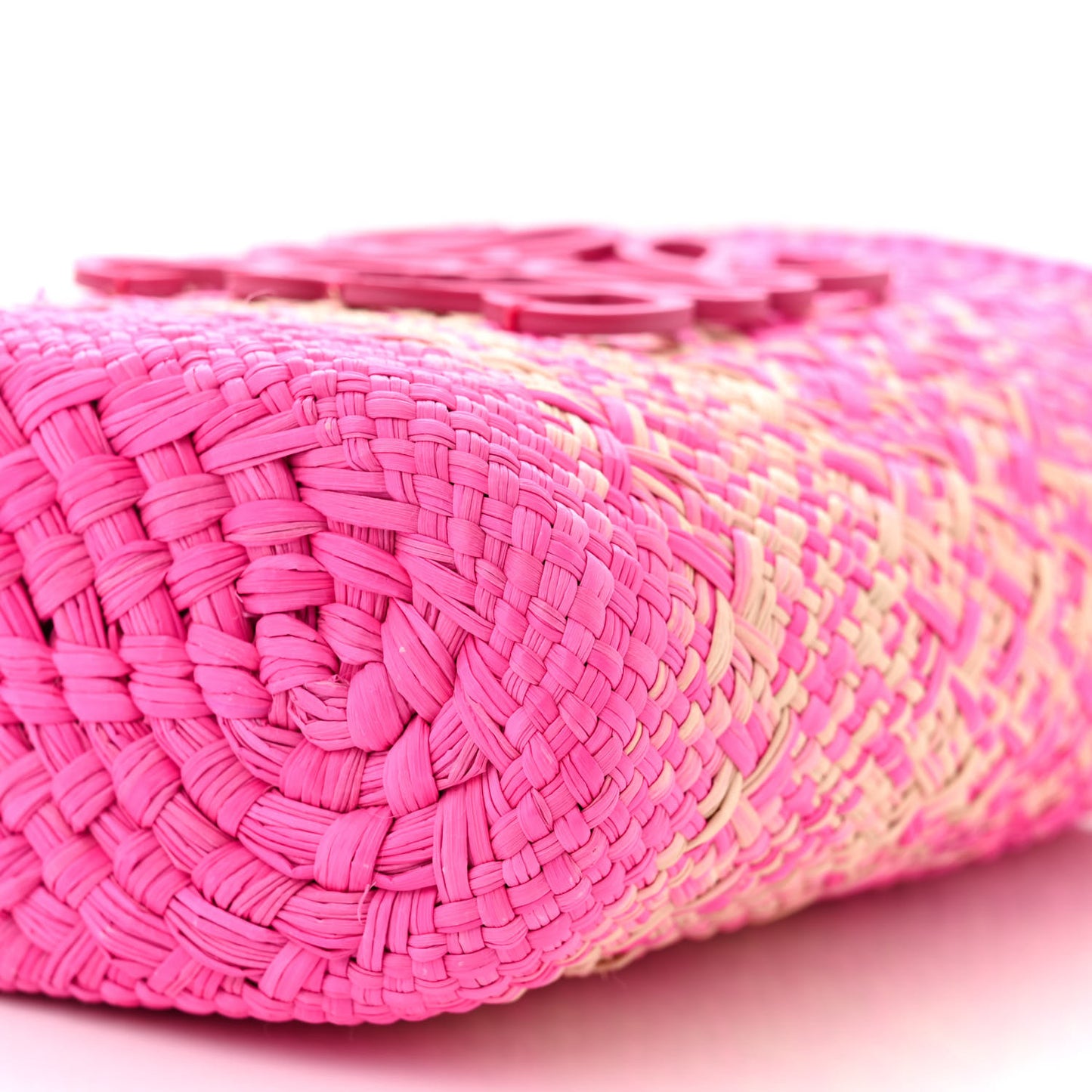 Iraca Palm Calfskin Anagram Square Pocket Bucket Bag Natural Fuchsia