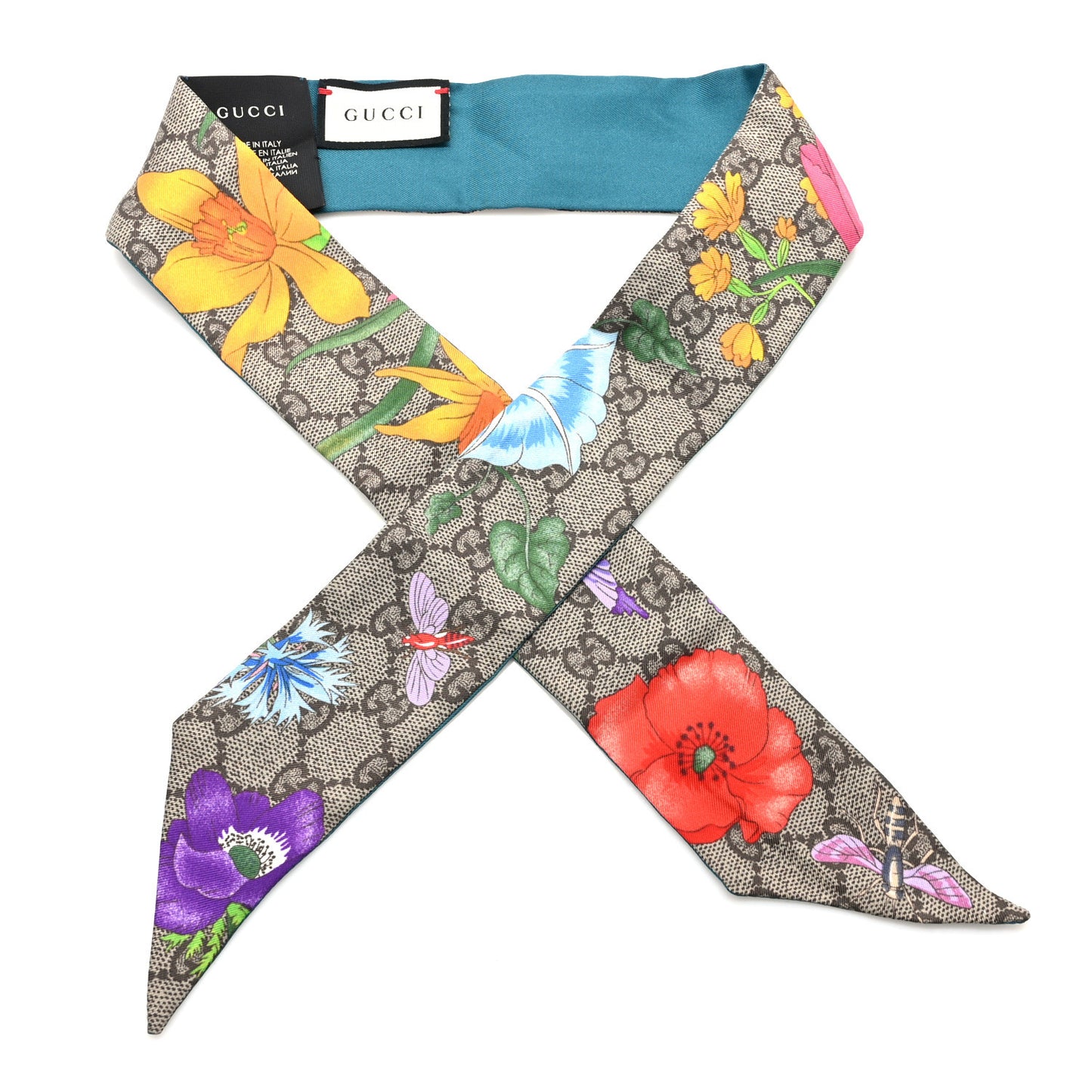 Silk Twill GG Monogram Special Flory Neck Bow Scarf Beige Sky Blue