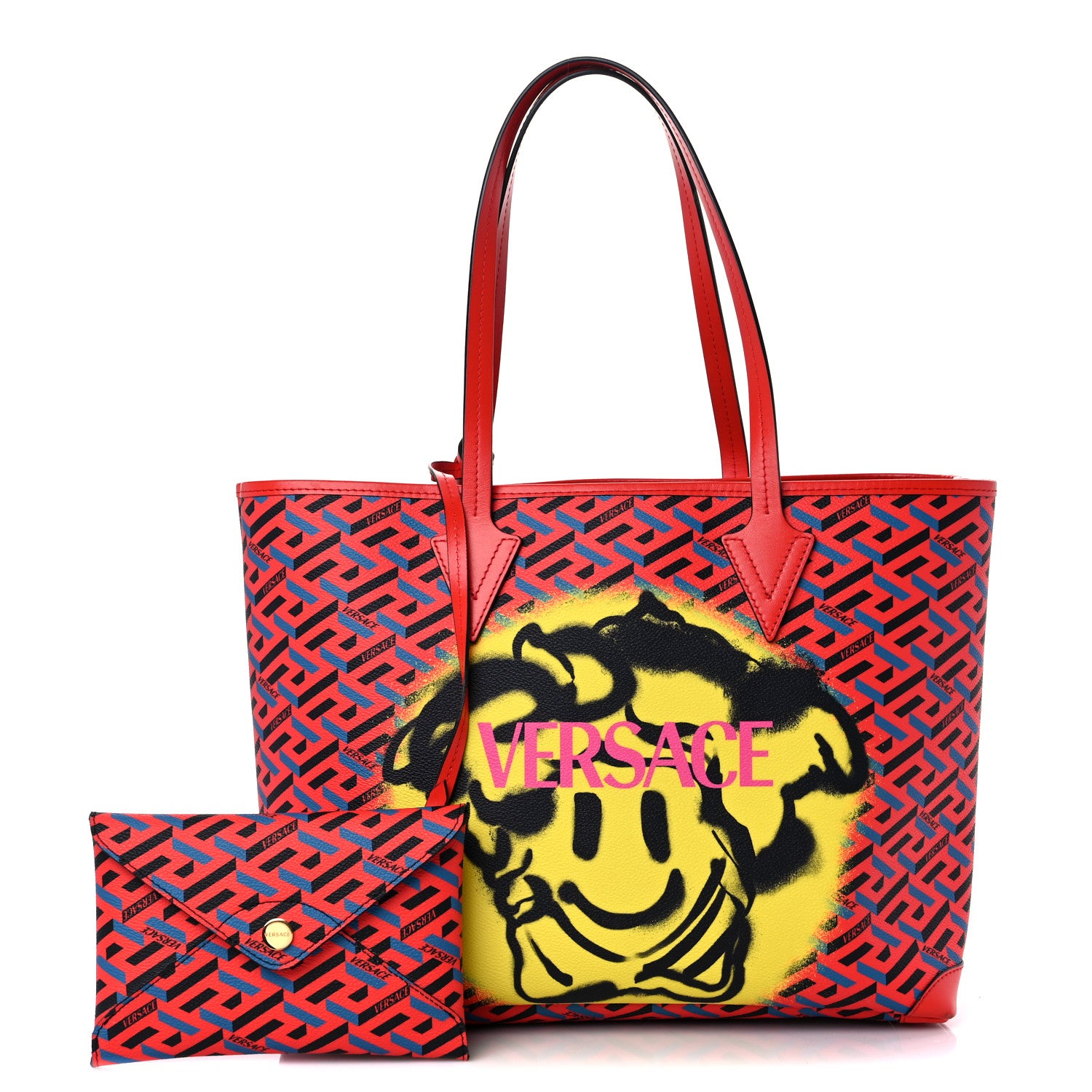 Versace Calfskin La Greca Smile Signature Shopper Tote Blue Red 14 of 14