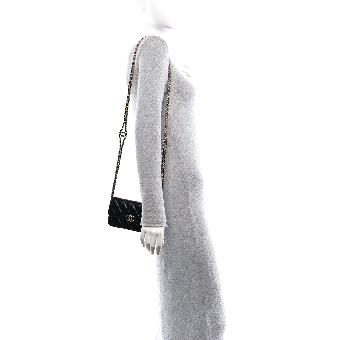 Lambskin Quilted CC Logo Flap Phone Holder With Chain Black