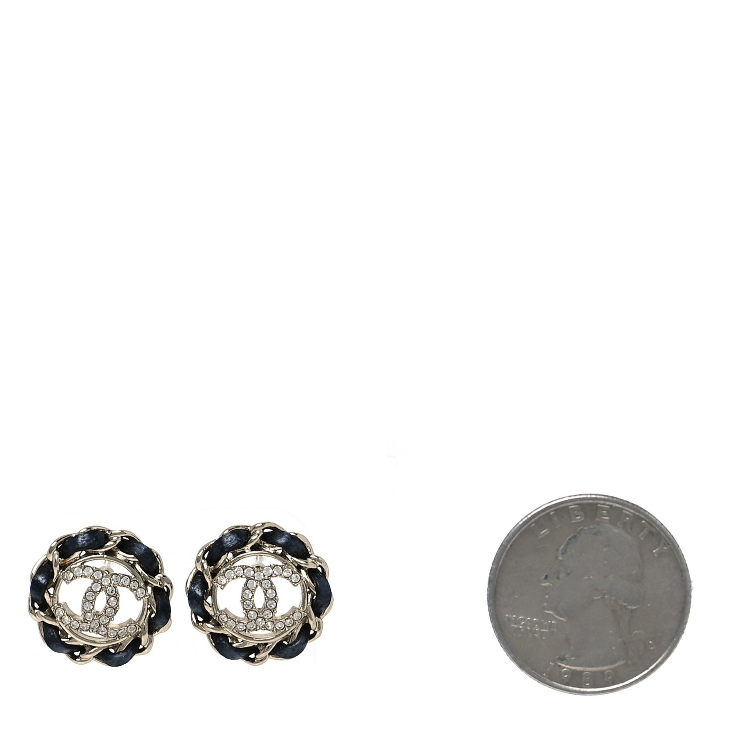 Crystal Lambskin Chain CC Stud Earrings Black Gold