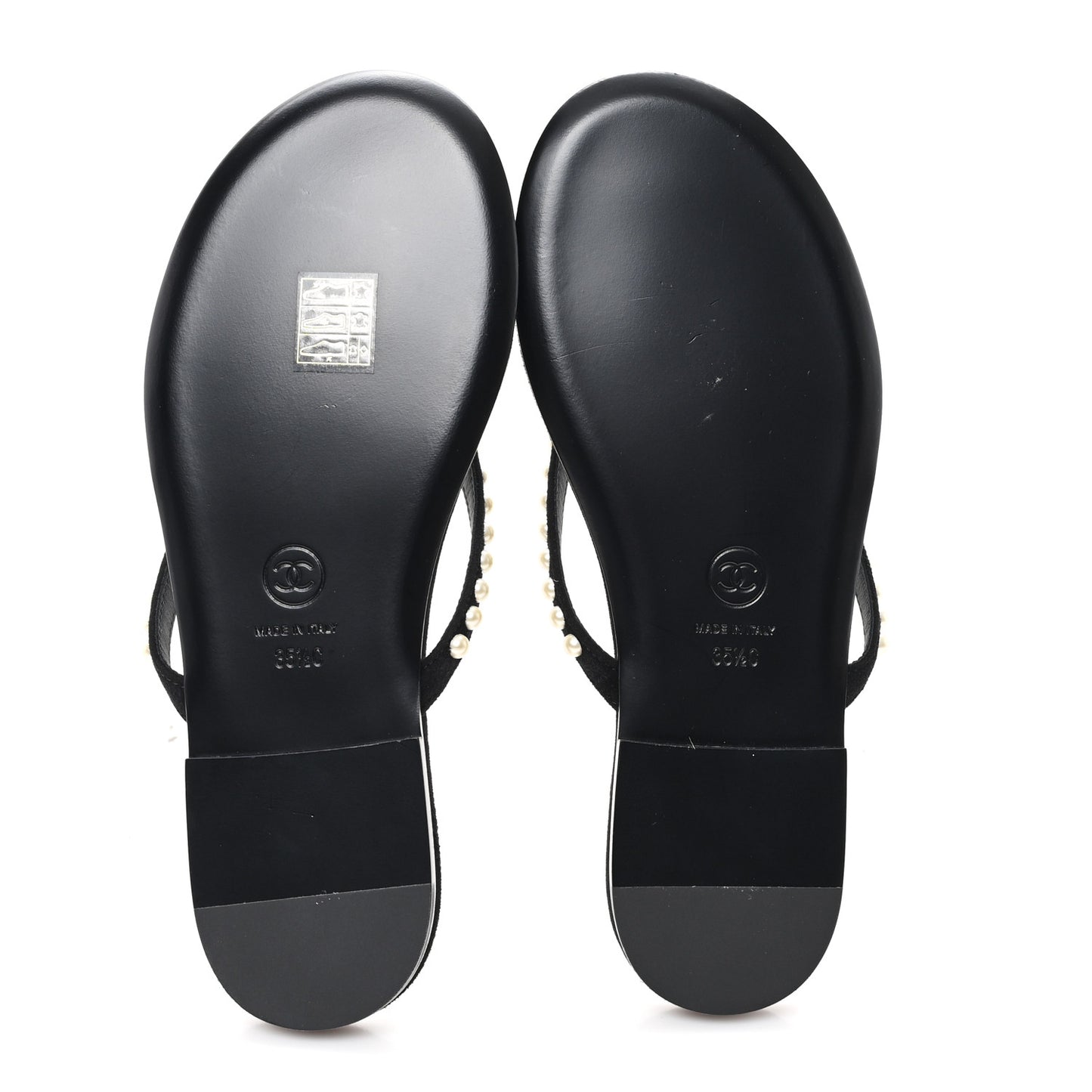 Suede Pearl Strass CC Thong Sandals 35.5 Black
