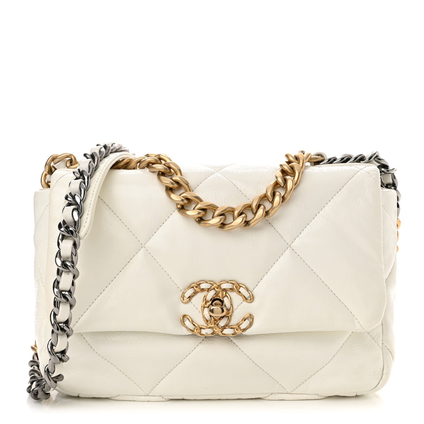 Shiny Crumpled Calfskin Quilted Medium Chanel 19 Flap White