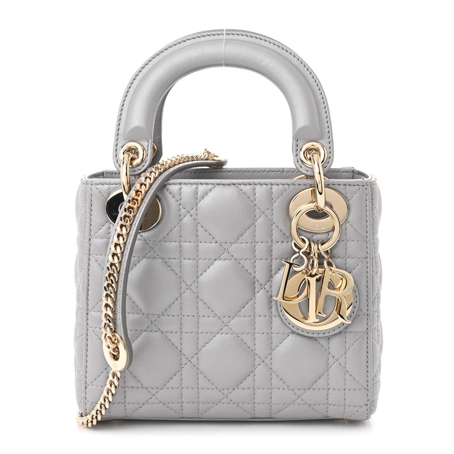 Metallic Lambskin Cannage Mini Lady Dior Grey