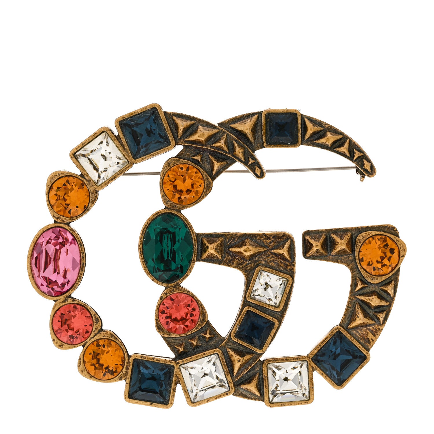 Gucci Metal Crystal Double G Brooch Aged Gold Multicolor 1665992