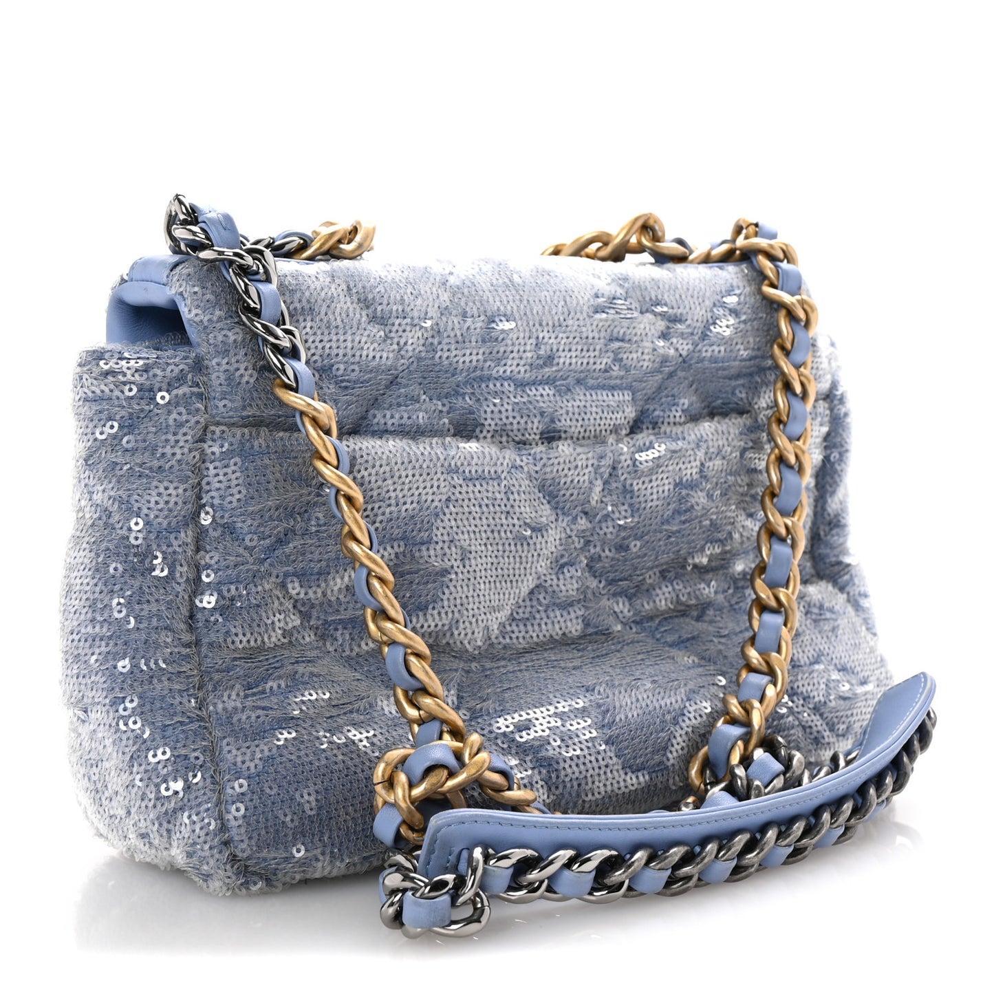Sequin Quilted Medium Chanel 19 Flap Light Blue