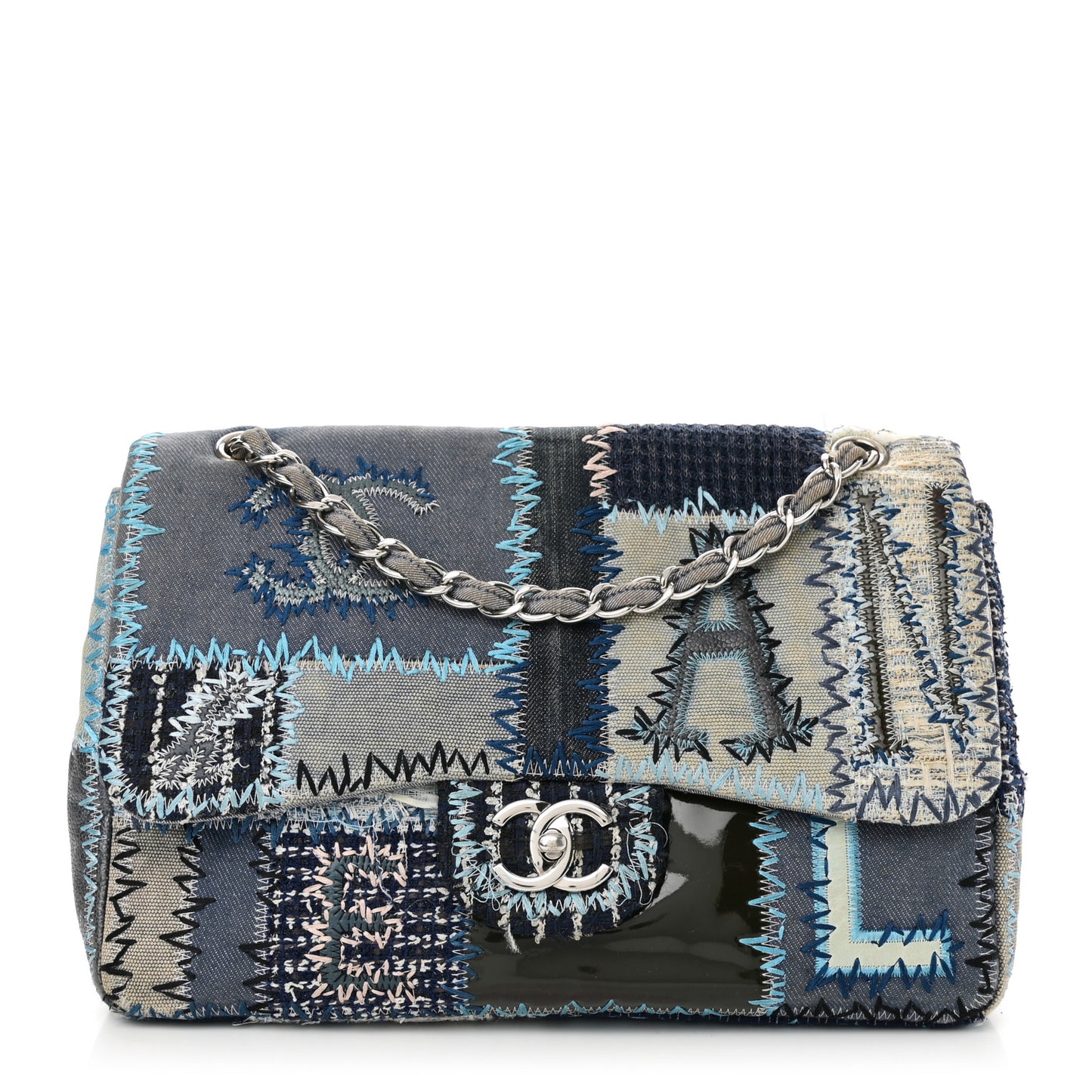 Denim Tweed Patchwork Jumbo Single Flap Blue