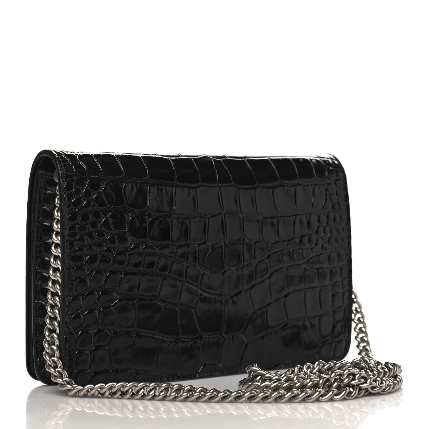 Shiny Calfskin Logo Crocodile Embossed Ville Wallet on Chain Black