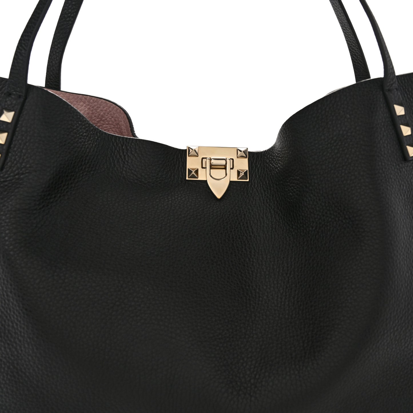 Grainy Calfskin Medium Rockstud Tote Black Rose Quartz