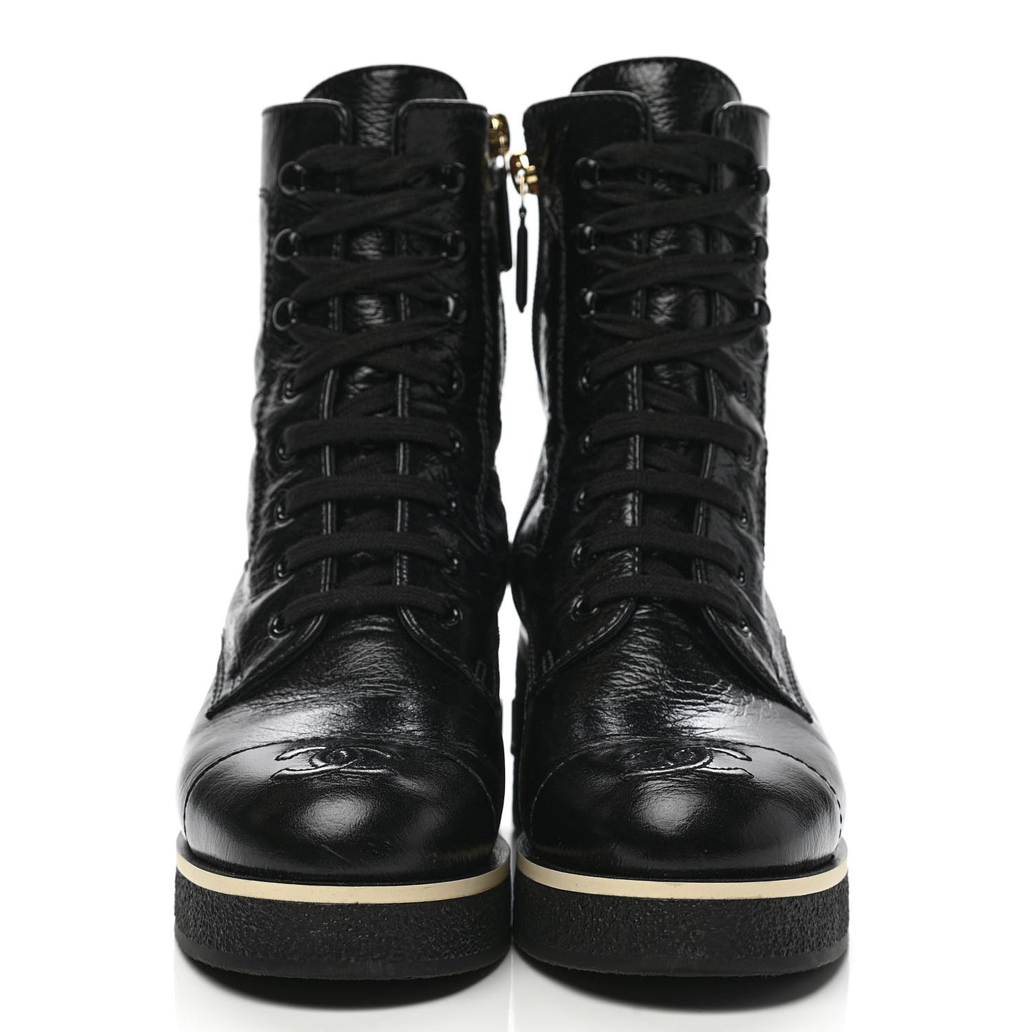 Shiny Crumpled Lambskin Lace Up Combat Boots 36 Black