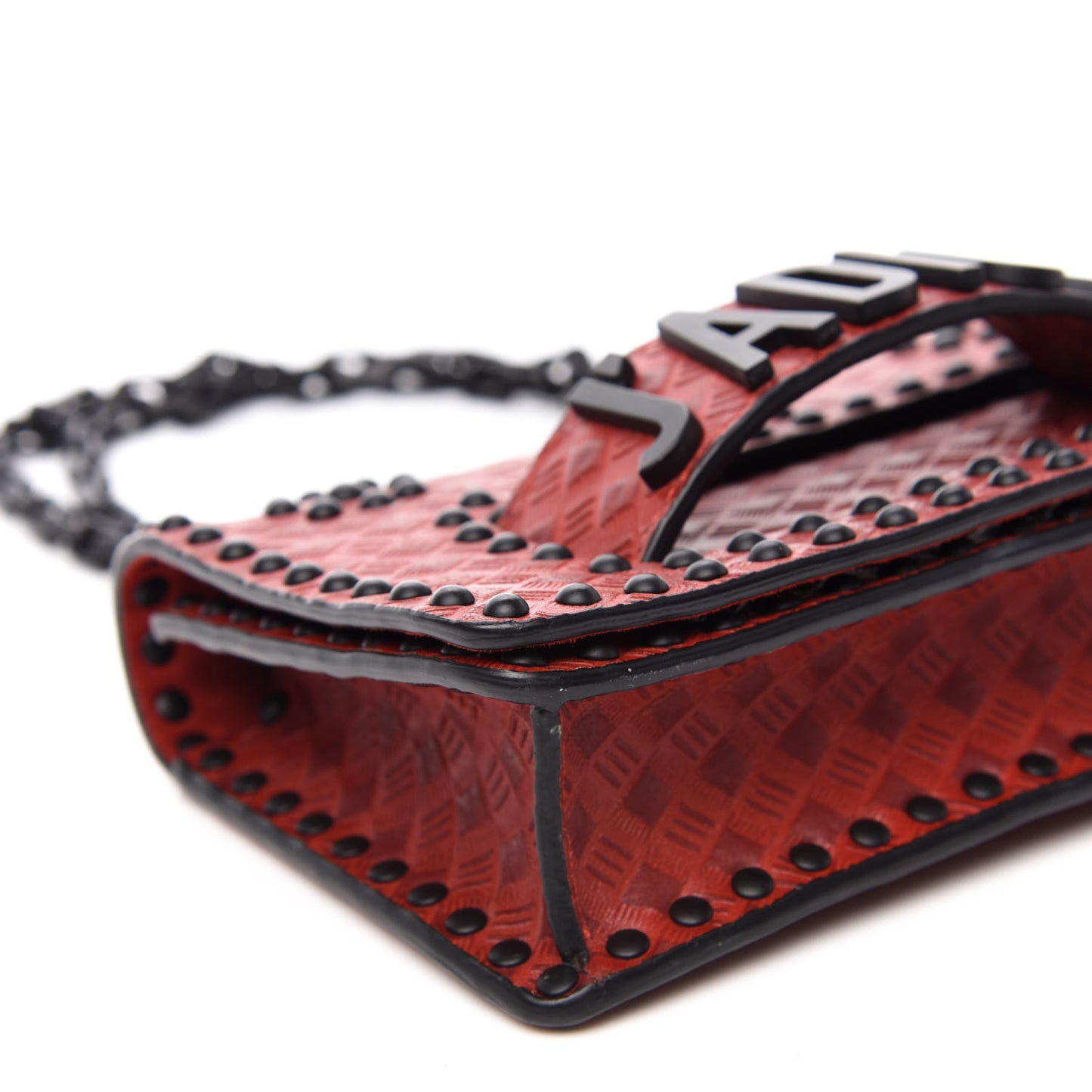 Calfskin Embossed Cannage Studded Mini J'Adior Chain Flap Bag Red