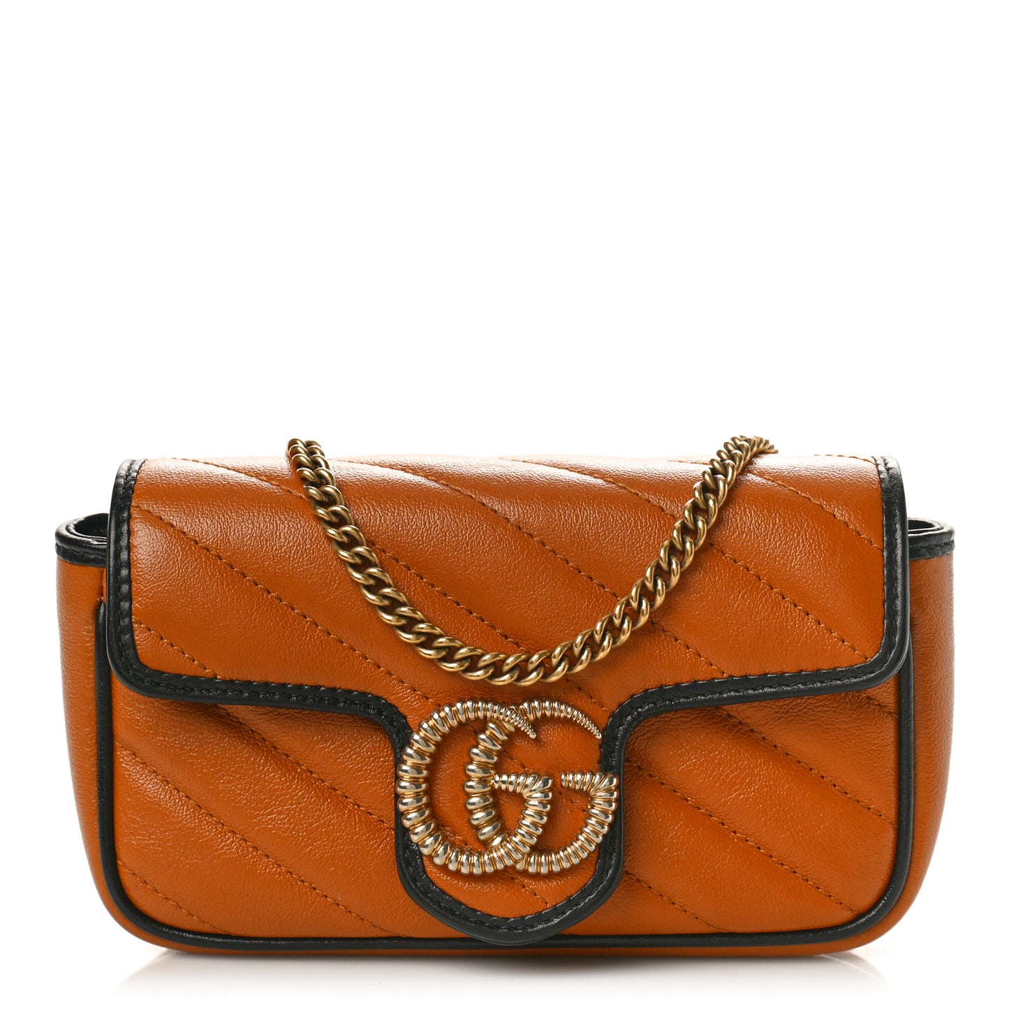 Vintage Effect Calfskin Matelasse Diagonal Super Mini GG Marmont Shoulder Bag Cognac Black