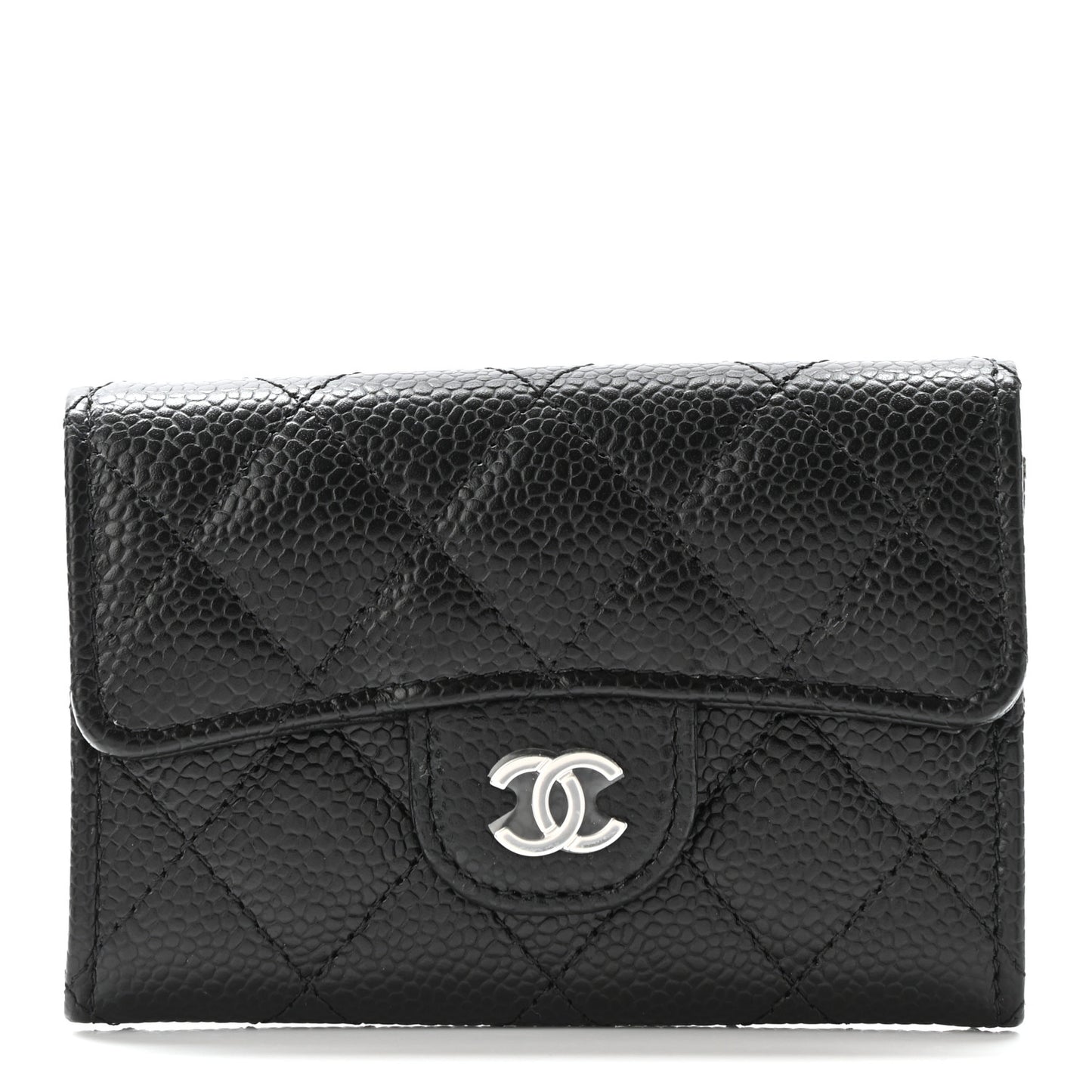 Caviar Quilted Flap Card Holder Wallet Black