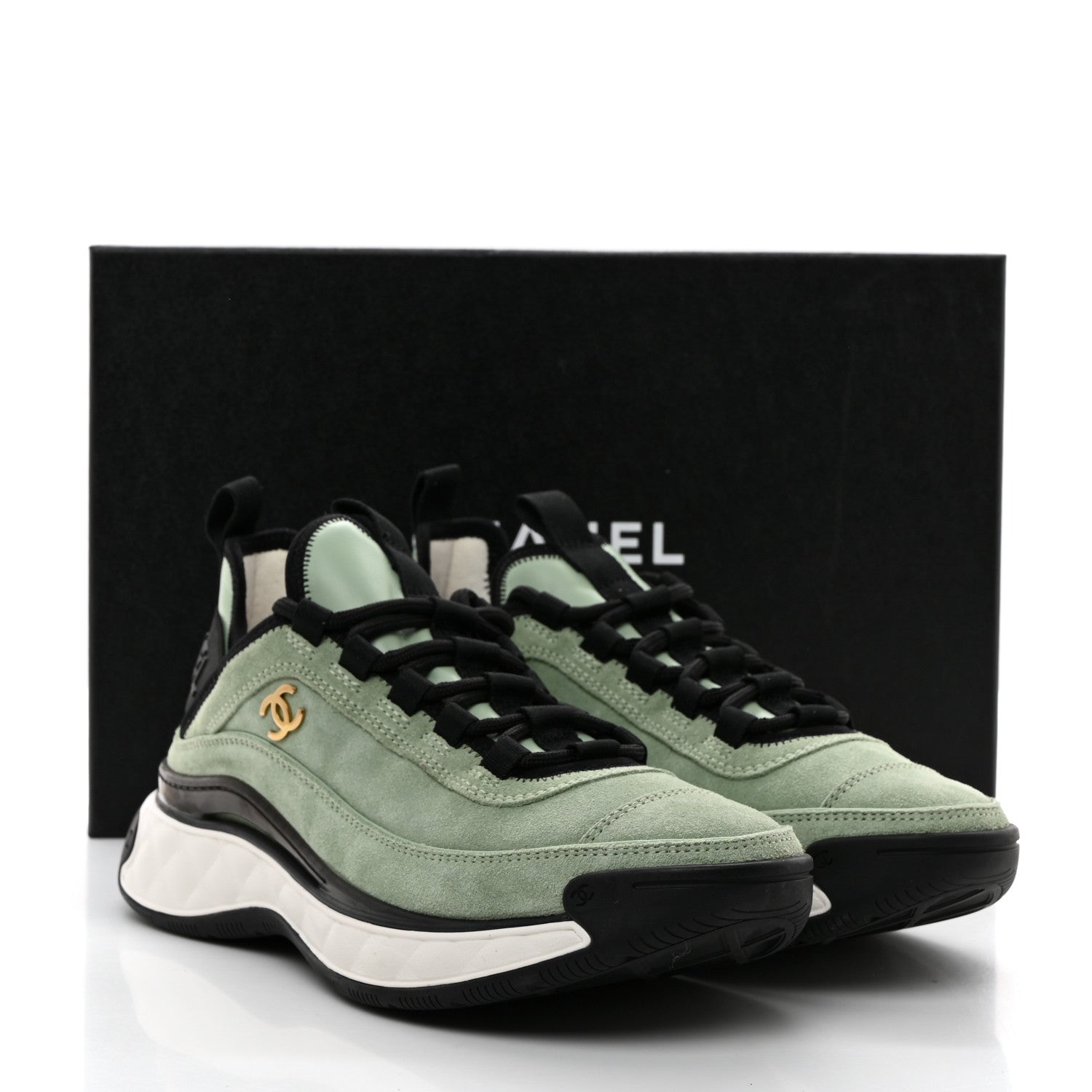 Chanel Suede Calfskin Nylon Grosgrain CC Sneakers 36.5 Light Green 9 of 9