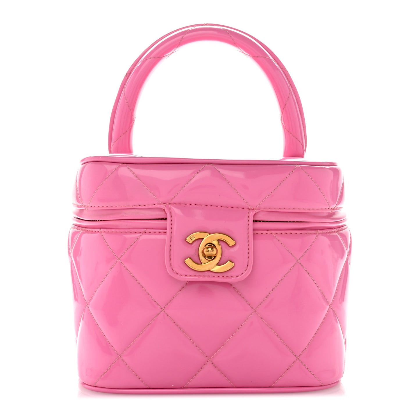 Patent Quilted Barbie Top Handle Heart Mirror Vanity Case Pink