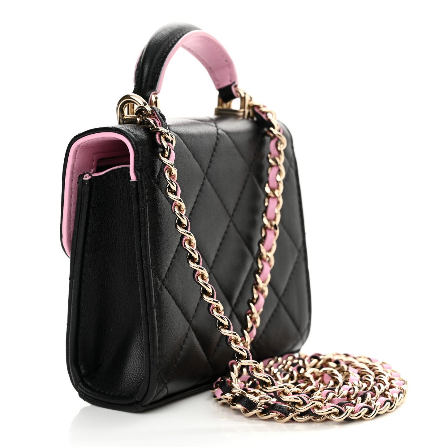 Lambskin Quilted Bi-Color Top Handle Clutch With Chain Black Pink