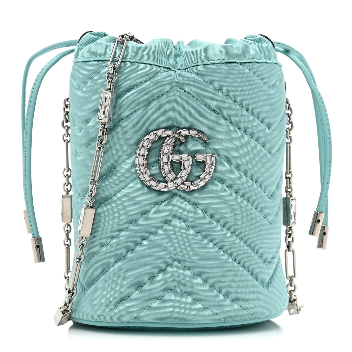 Moire Fabric Calfskin Crystal Matelasse Mini GG Marmont 2.0 Bucket Bag Dark Ocean Wave Crystal