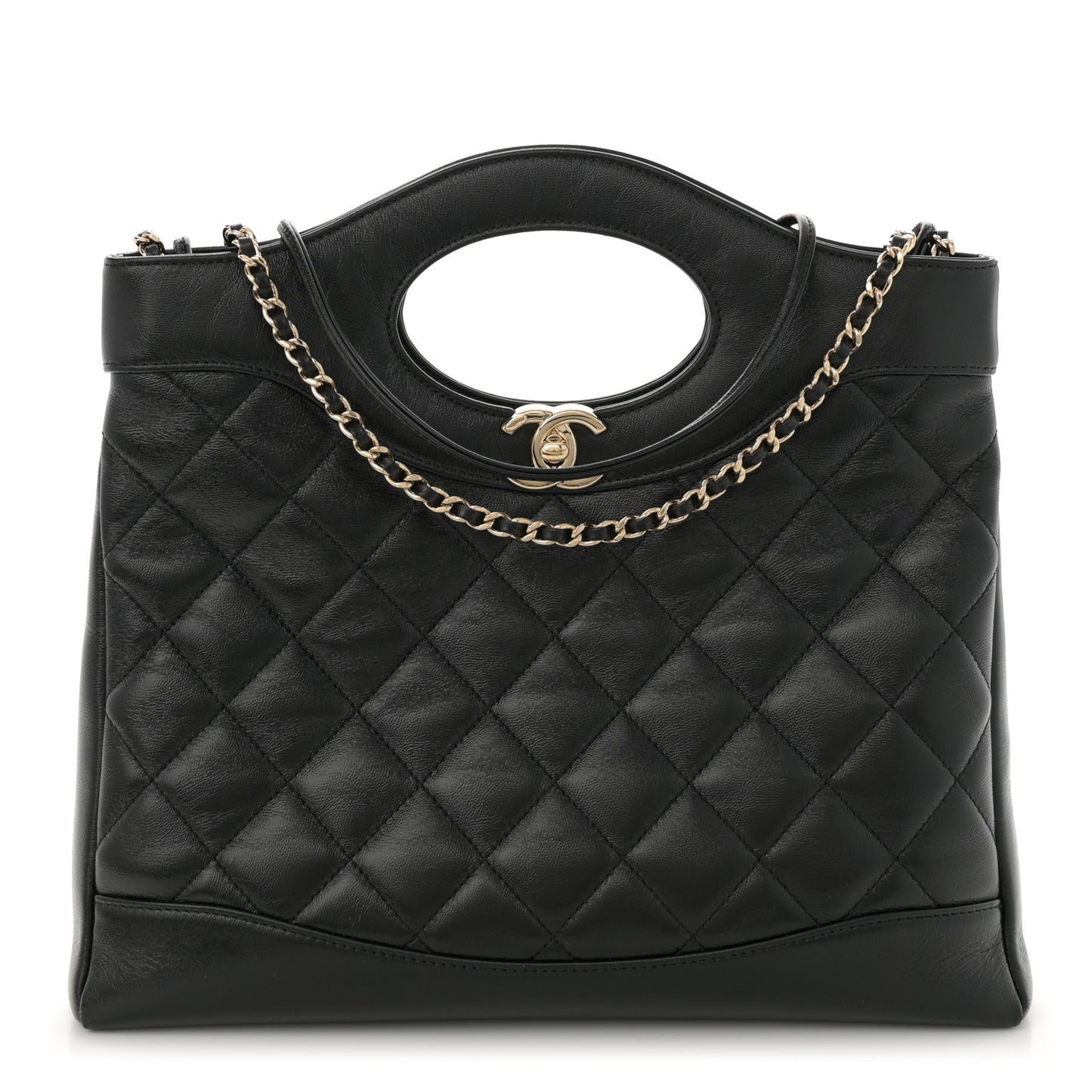 Shiny Crumpled Calfskin Quilted Small 31 Shopping Bag Black