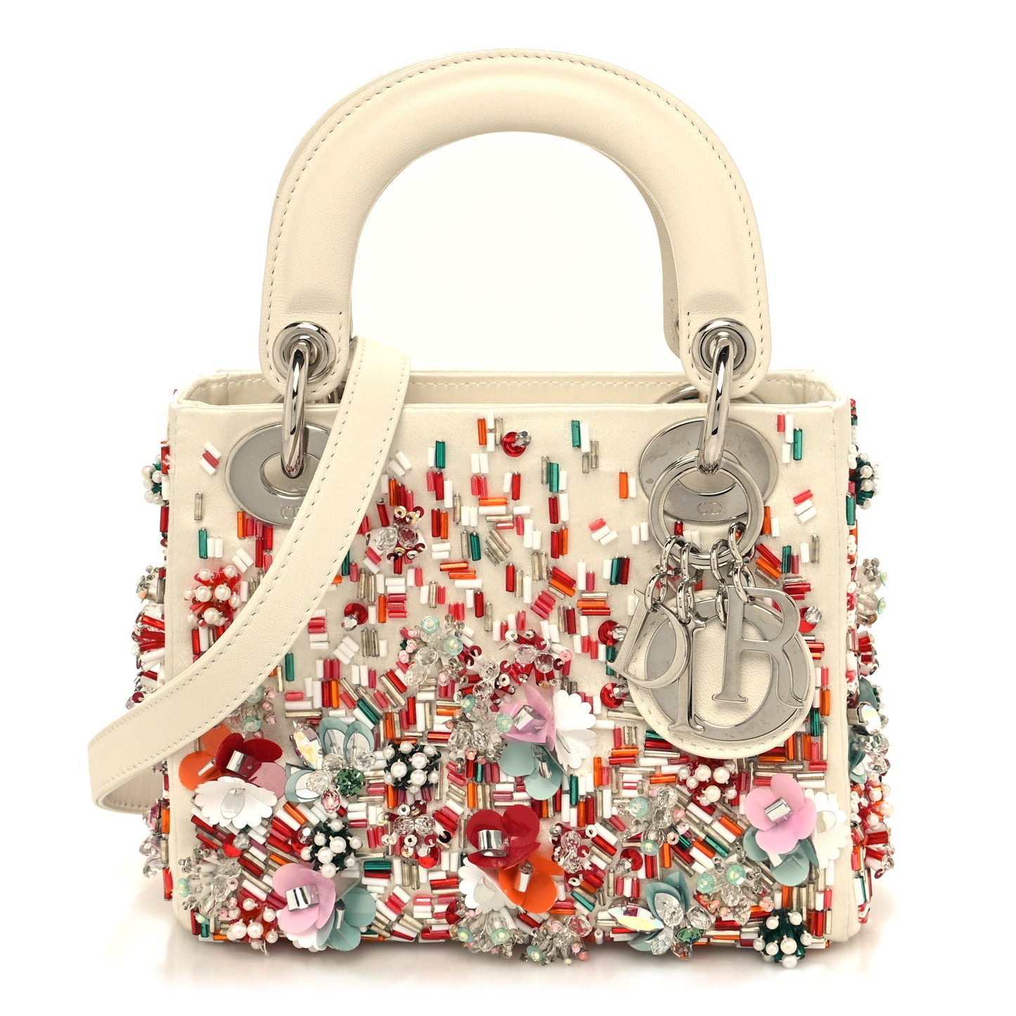 Satin Beaded Floral Embroidered Mini Lady Dior White Multicolor