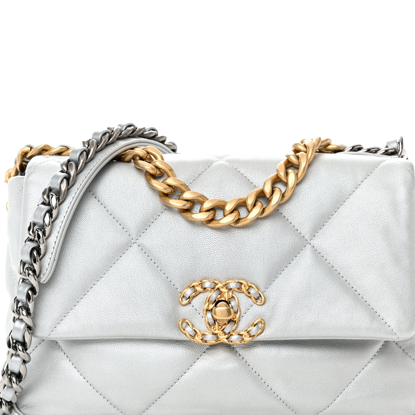 Metallic Goatskin Quilted Medium Chanel 19 Flap Silver