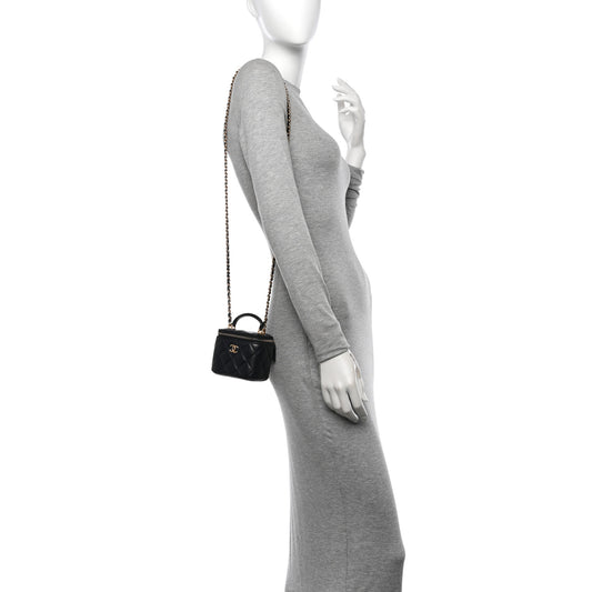 Lambskin Quilted Top Handle Mini Vanity Case With Chain Black