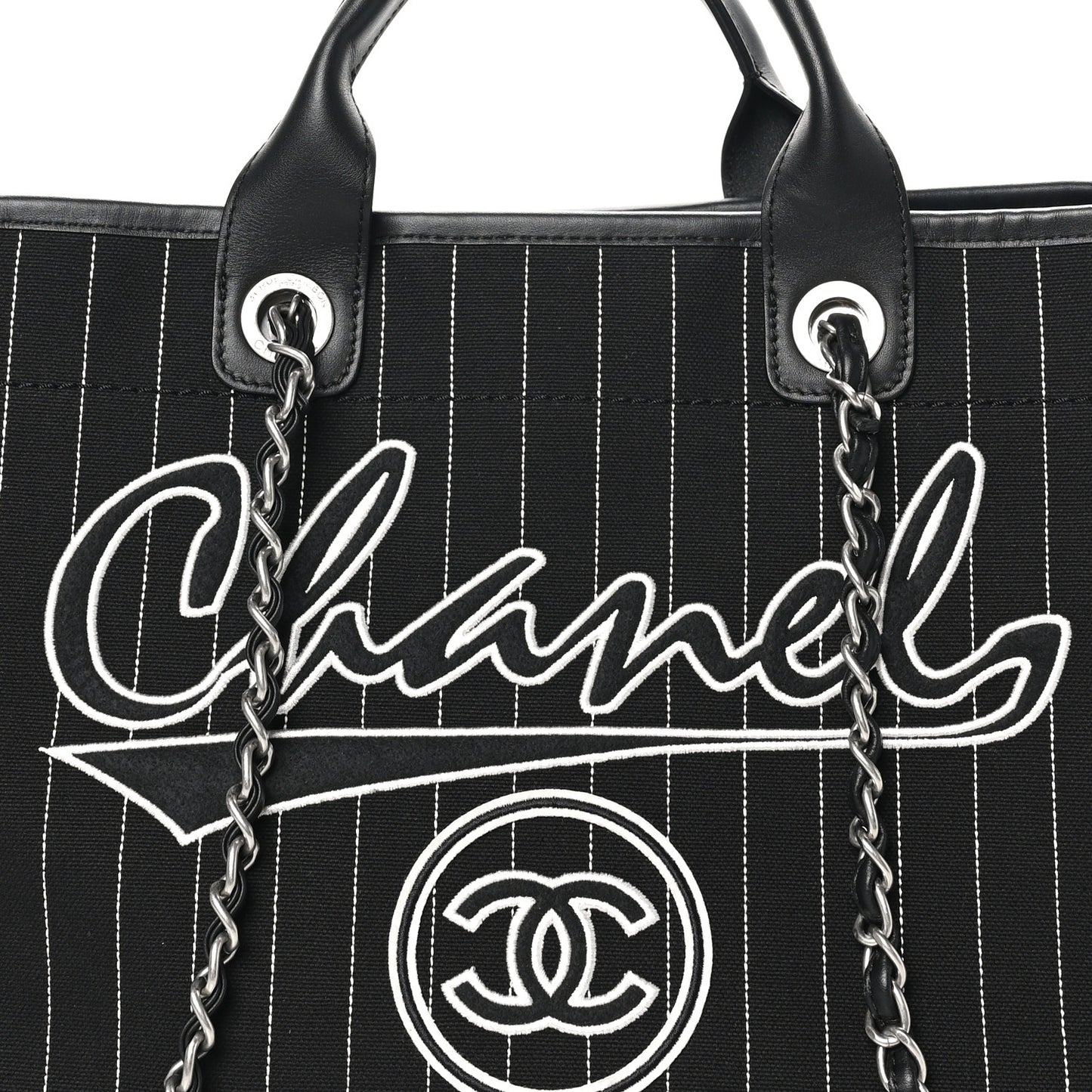 Canvas Calfskin Striped Medium Deauville Tote Black White