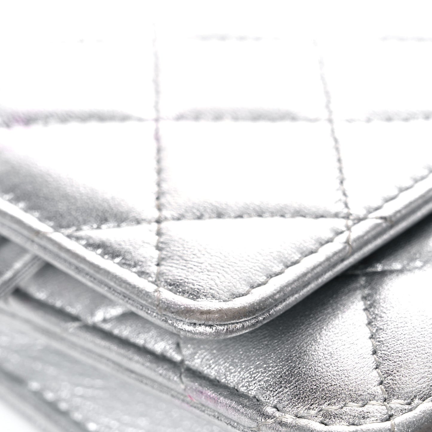 Metallic Lambskin Quilted Wallet On Chain WOC Silver