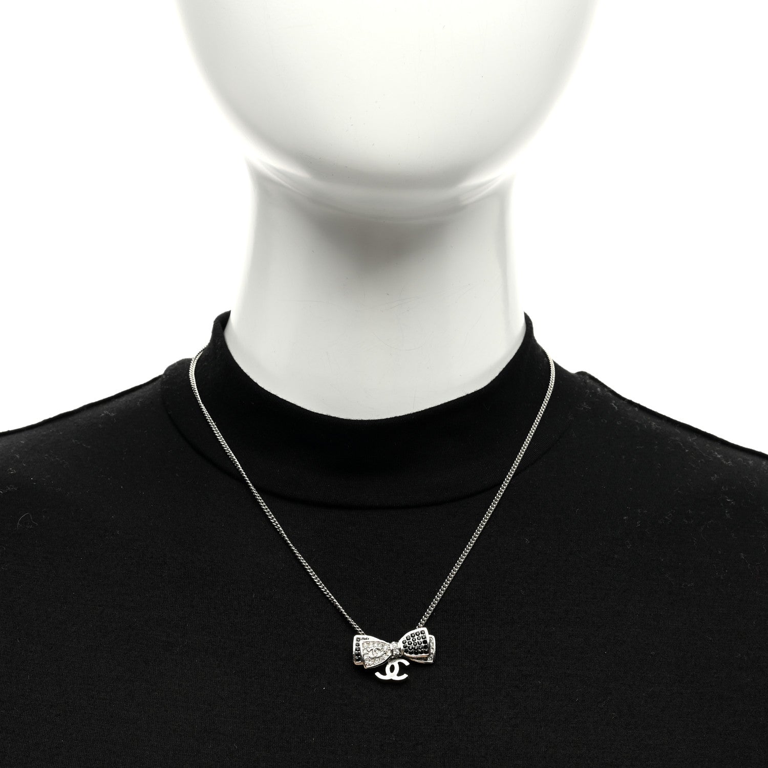 Chanel Crystal CC Bow Necklace Silver Black 2 of 4