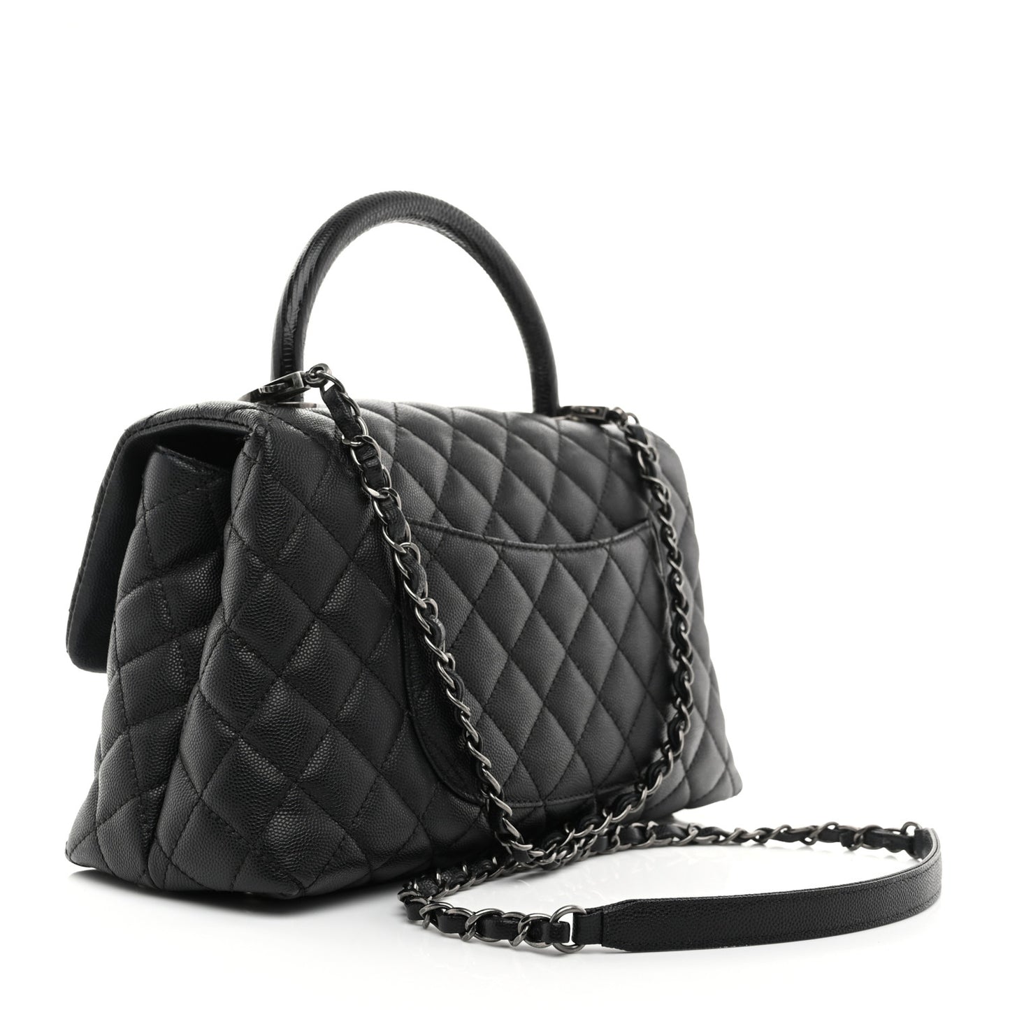 Caviar Lizard Embossed Quilted Small Coco Handle Flap Black