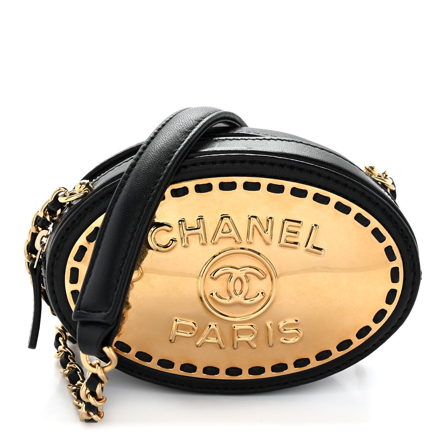 Chanel Lambskin Logo Plate Oval Clutch With Chain Black 1885515