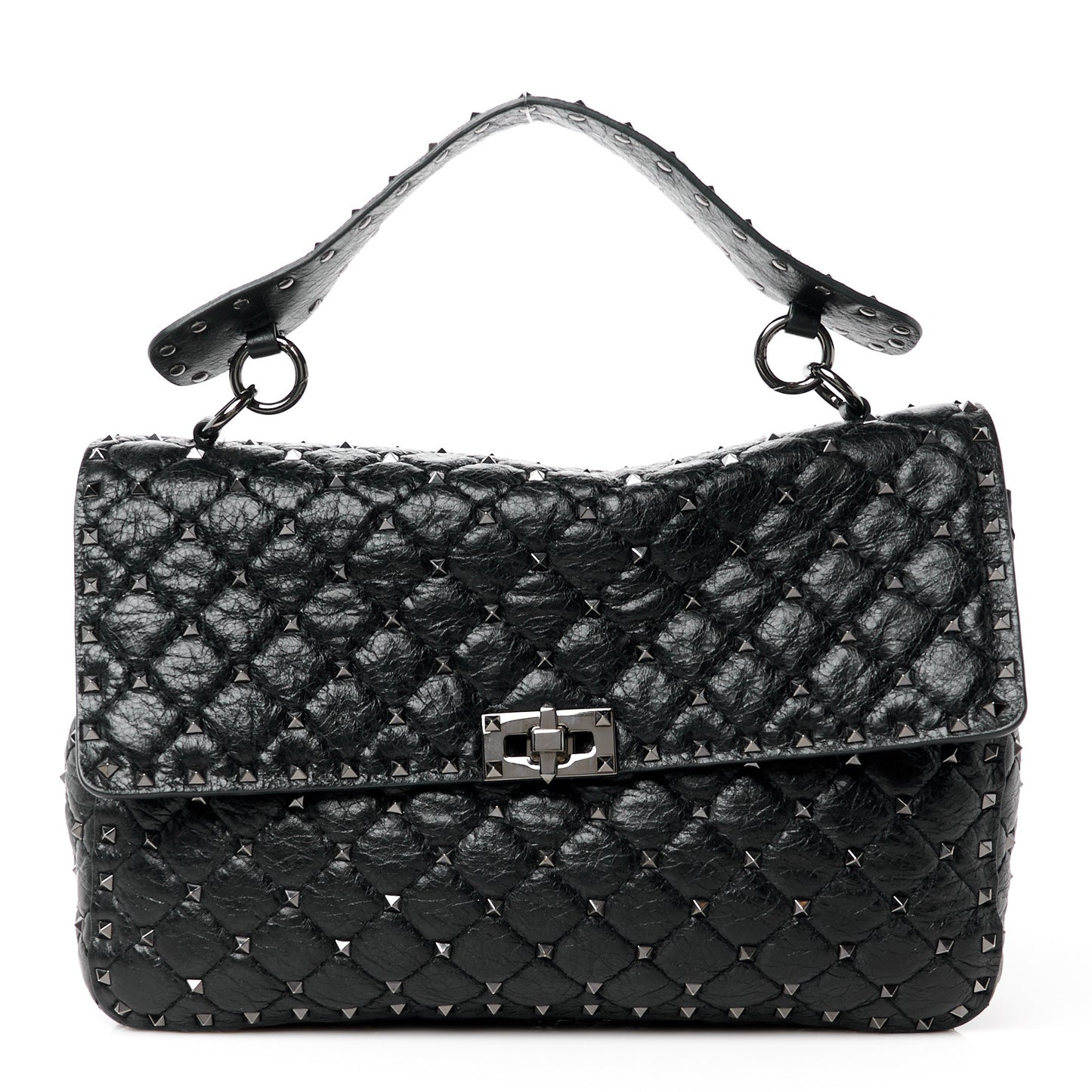 Craquele Nappa Large Rockstud Spike Shoulder Bag Black