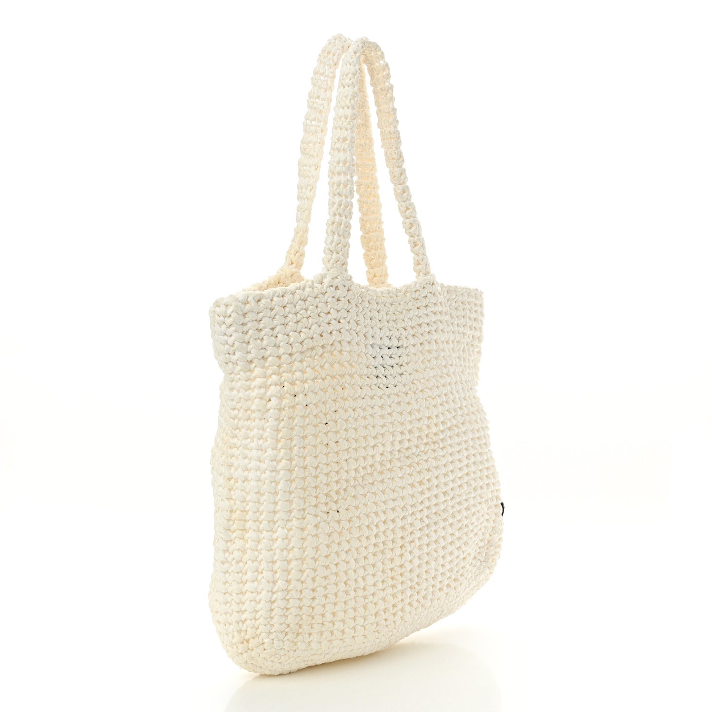 Yarn Raffia Effect Crochet Embroidered Small Logo Tote White