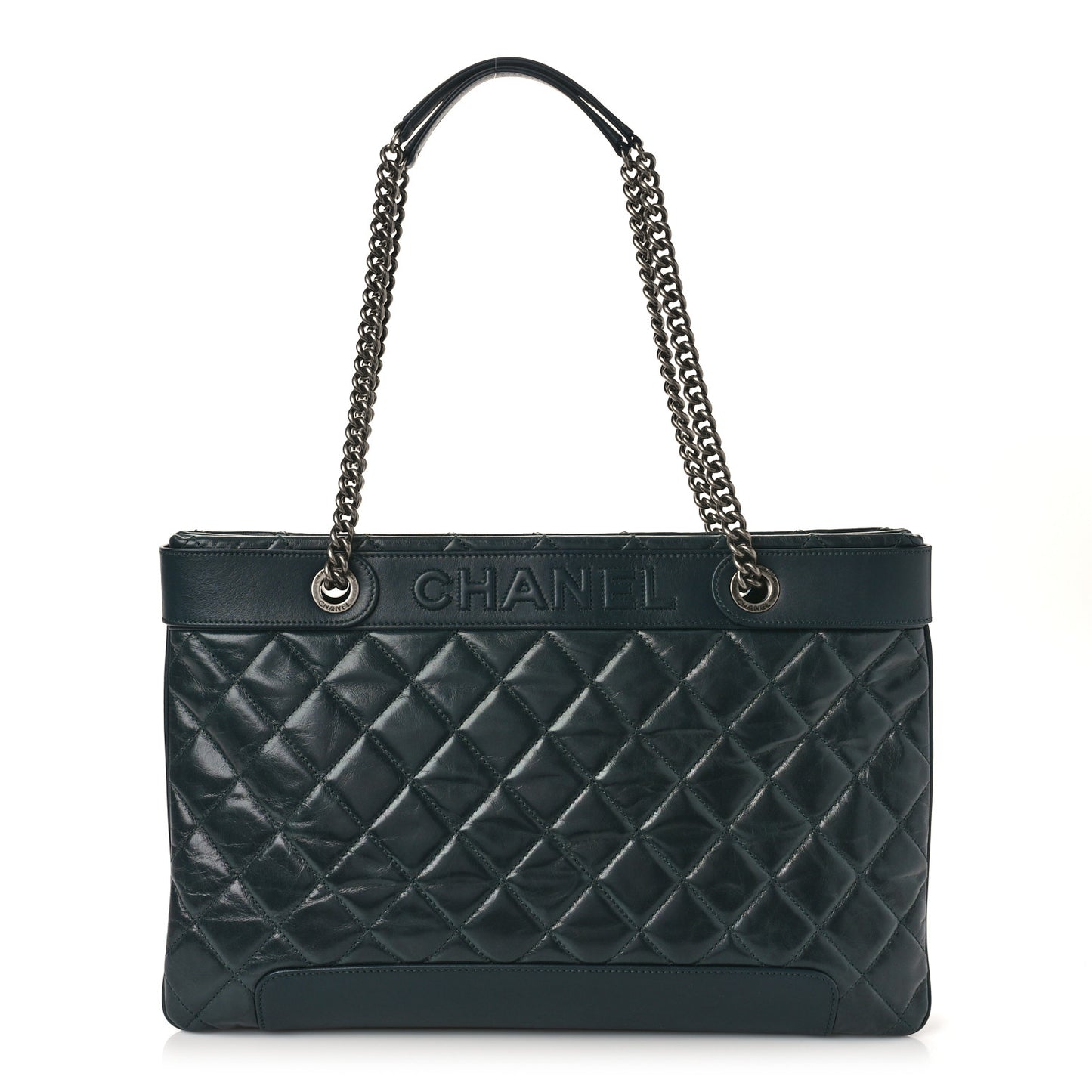 Glazed Calfskin Quilted Shopping Tote Dark Blue