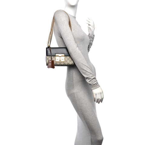 GG Supreme Monogram Calfskin Small Padlock Shoulder Bag Beige Black Cuir