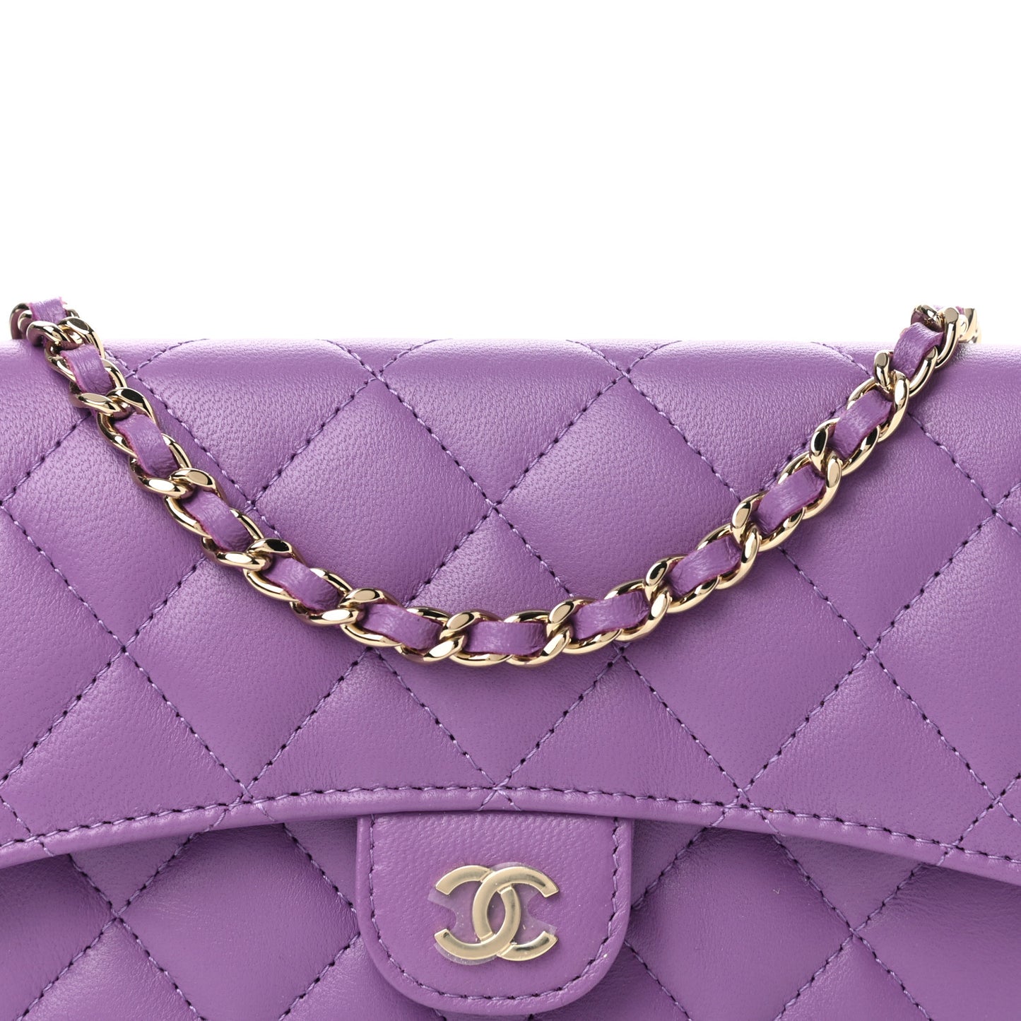 Lambskin Quilted Flap Phone Holder With Chain Purple