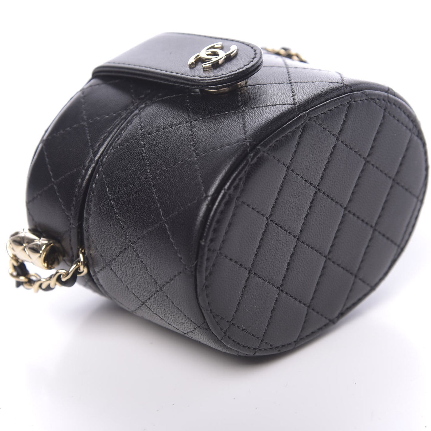 Lambskin Quilted Mini Round Vanity Case With Chain Black