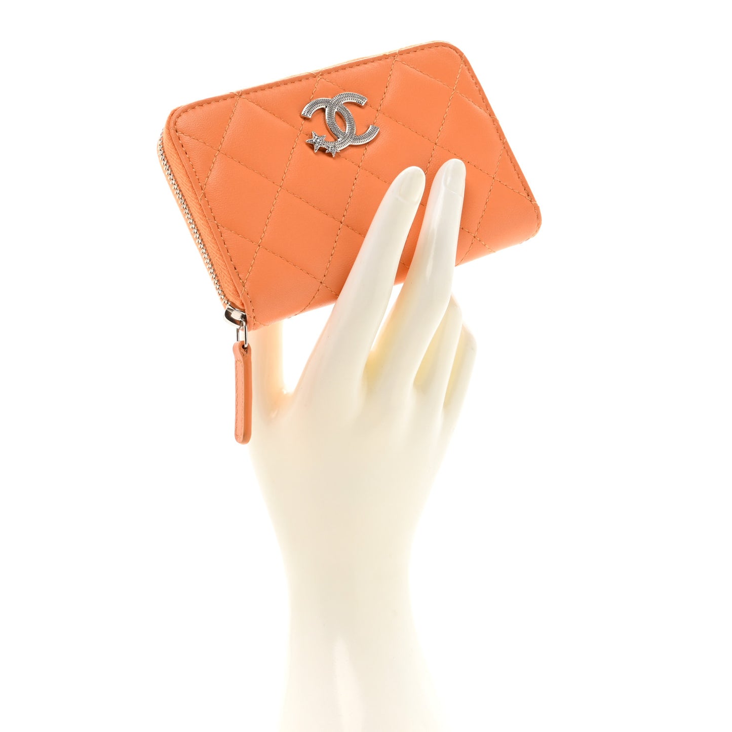 Lambskin Crystal Star Quilted Studded CC Zip Around Card Holder Wallet Orange