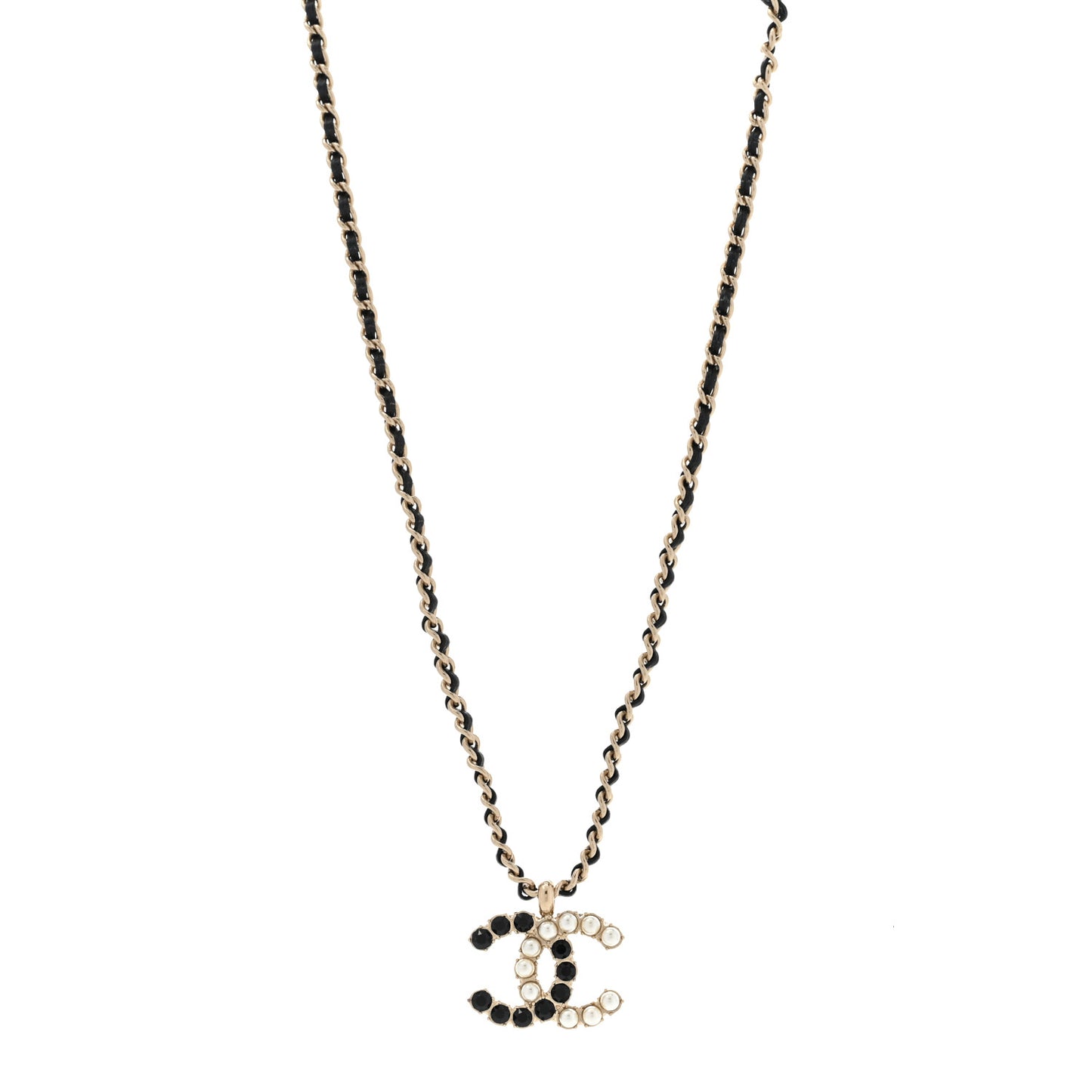 Pearl Crystal Lambskin Chain CC Short Necklace Black Gold