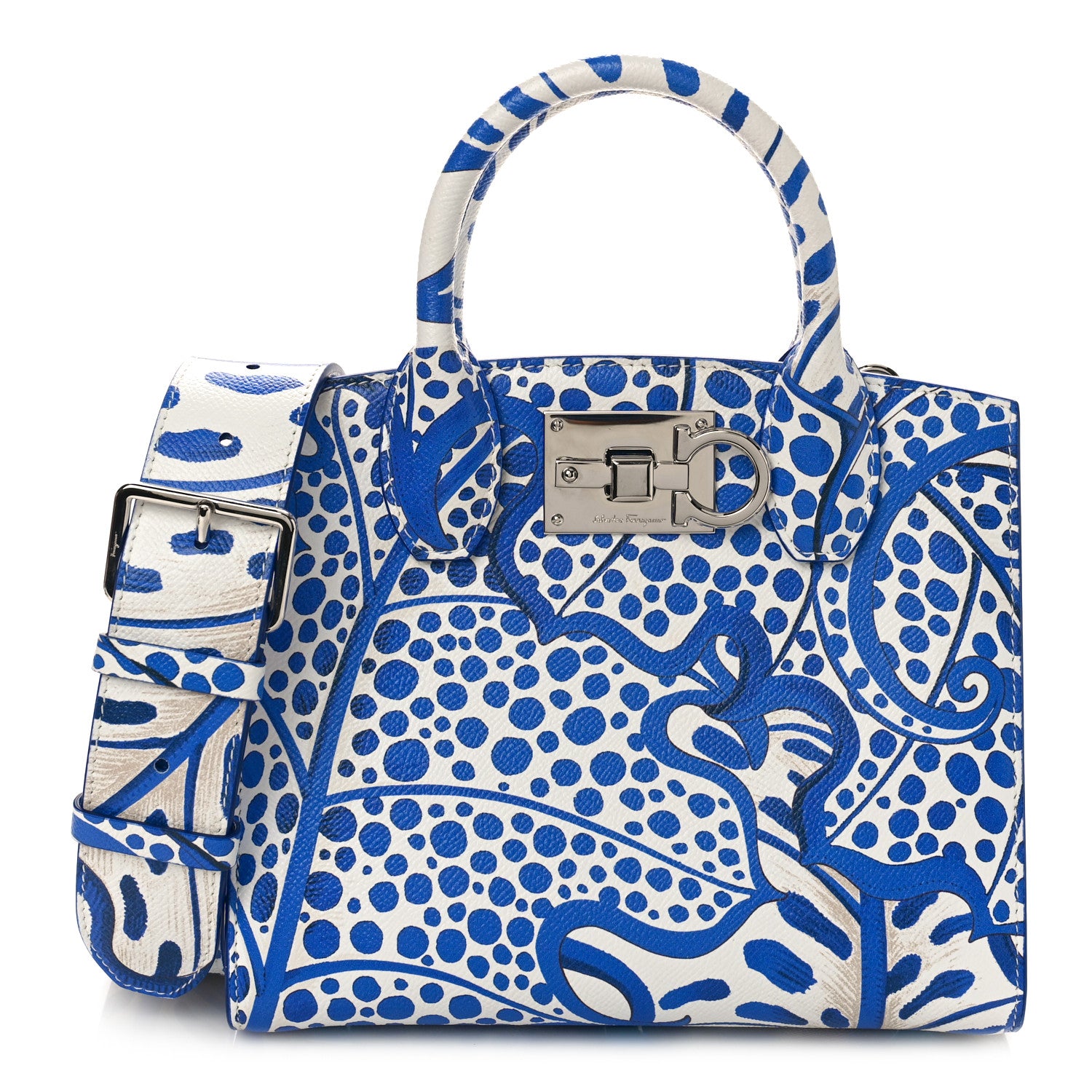 Salvatore Ferragamo Calfskin Foliage Print Mini The Studio Bag White Blue 1 of 8