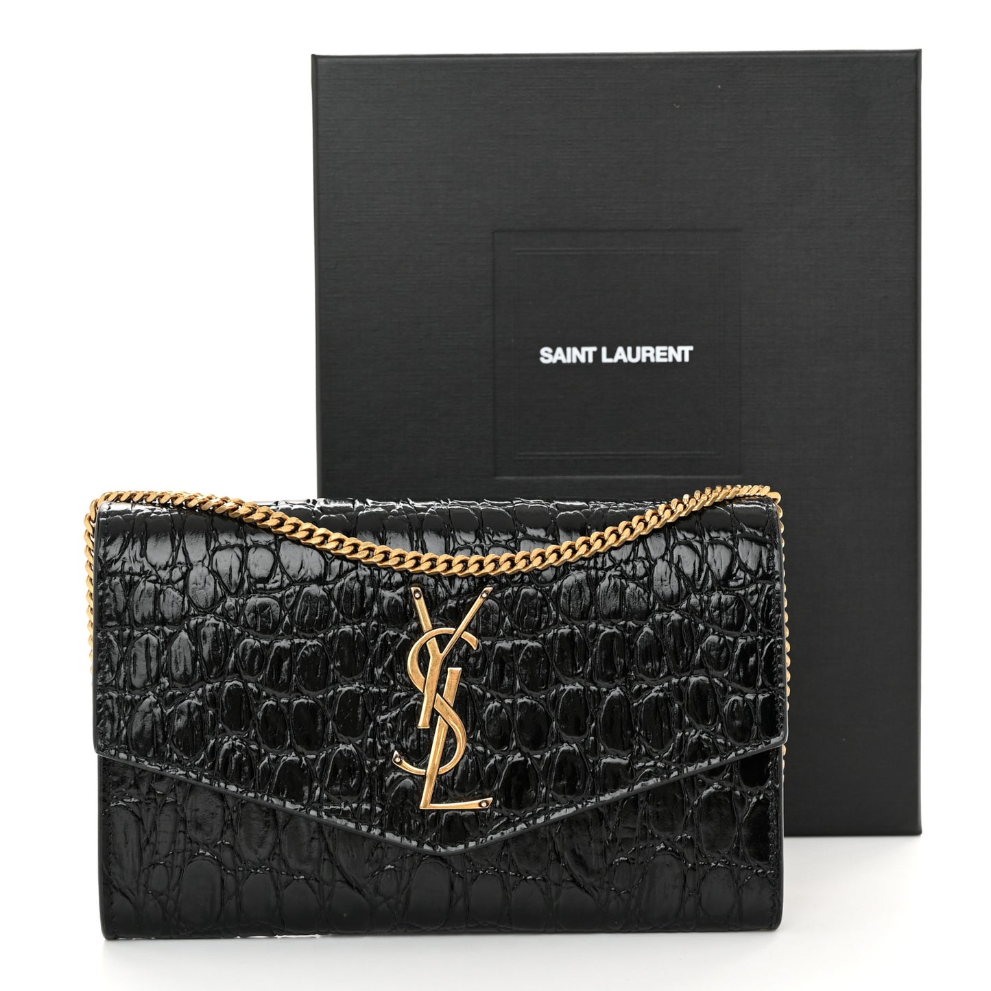 Calfskin Crocodile Embossed Monogram Uptown Chain Wallet Black