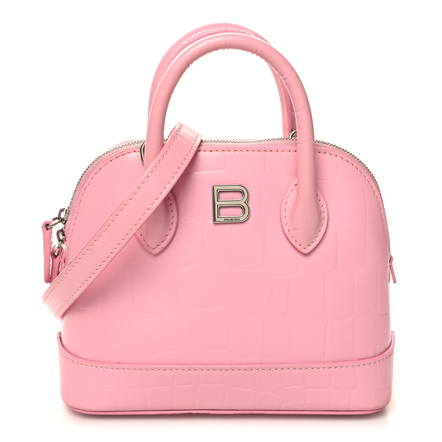 Semi Shiny Calfskin Rivet Crocodile Embossed XXS Ville Top Handle Bag Pink